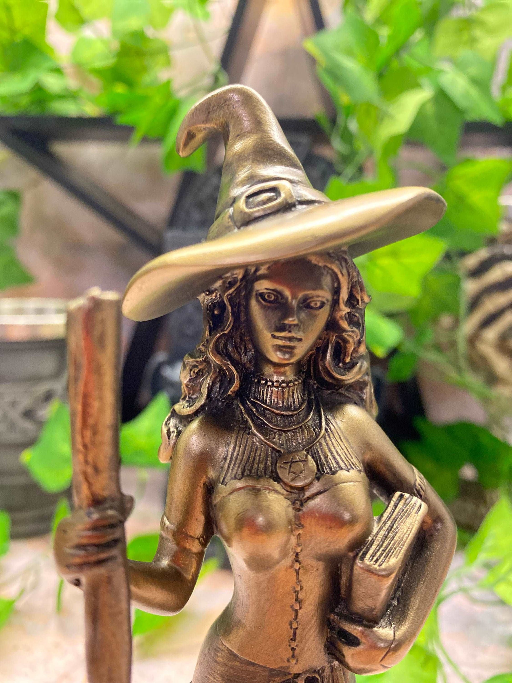 Bronze Witch Figurine with Cat | Handmade Resin | Witchcraft & Wiccan Decor | Magical Gift Home Ornament-Osiris Craftworks