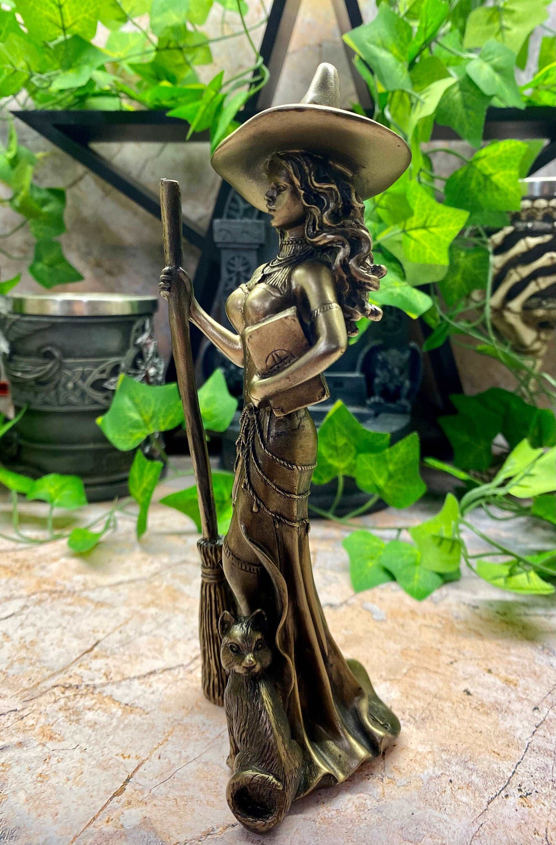 Bronze Witch Figurine with Cat | Handmade Resin | Witchcraft & Wiccan Decor | Magical Gift Home Ornament-Osiris Craftworks