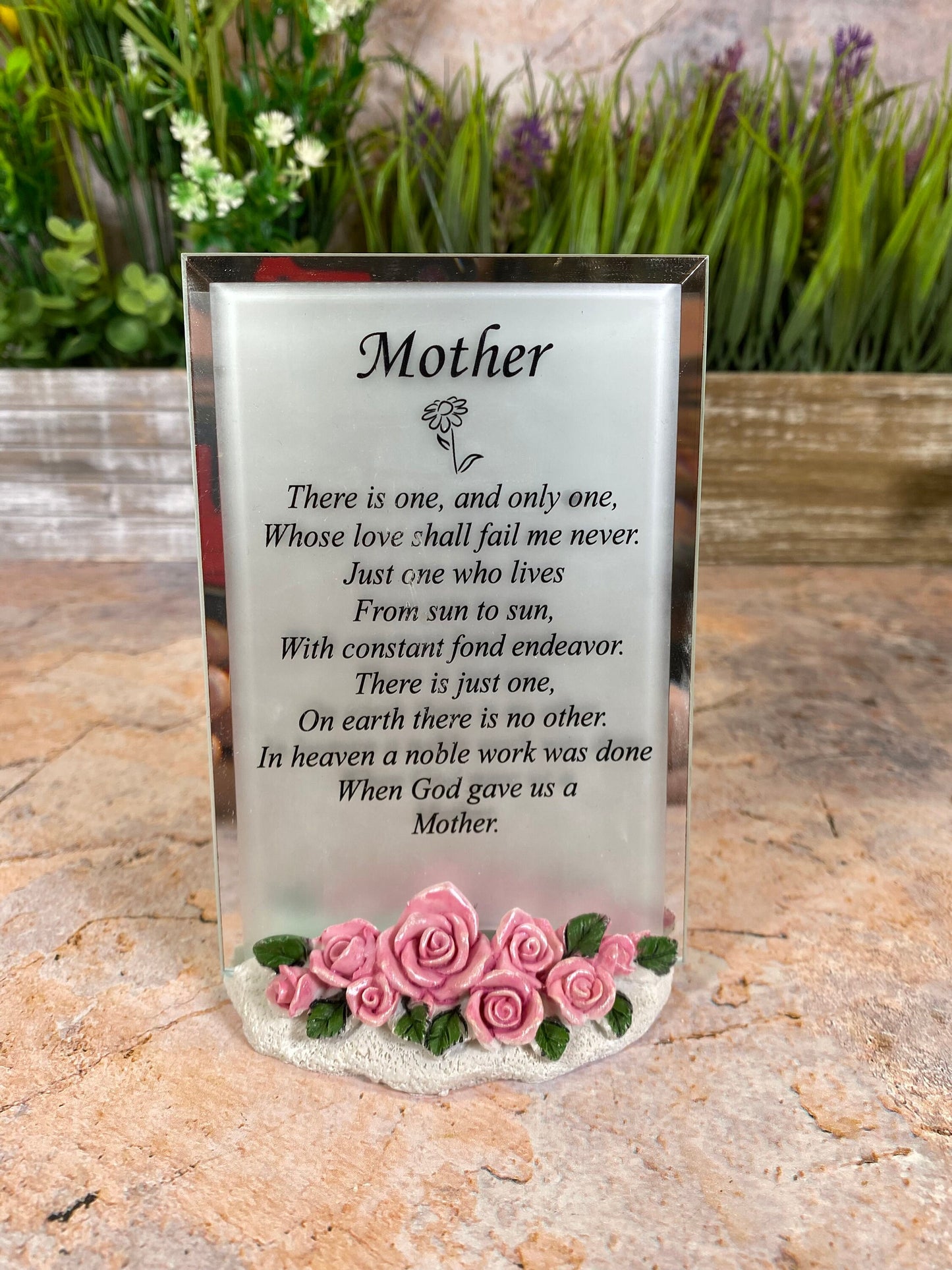 Eleganter Glasrahmen als Tribut an die Mutter mit Rosensockel aus Kunstharz – 13,3 x 9 cm – perfektes Geschenk für Mütter