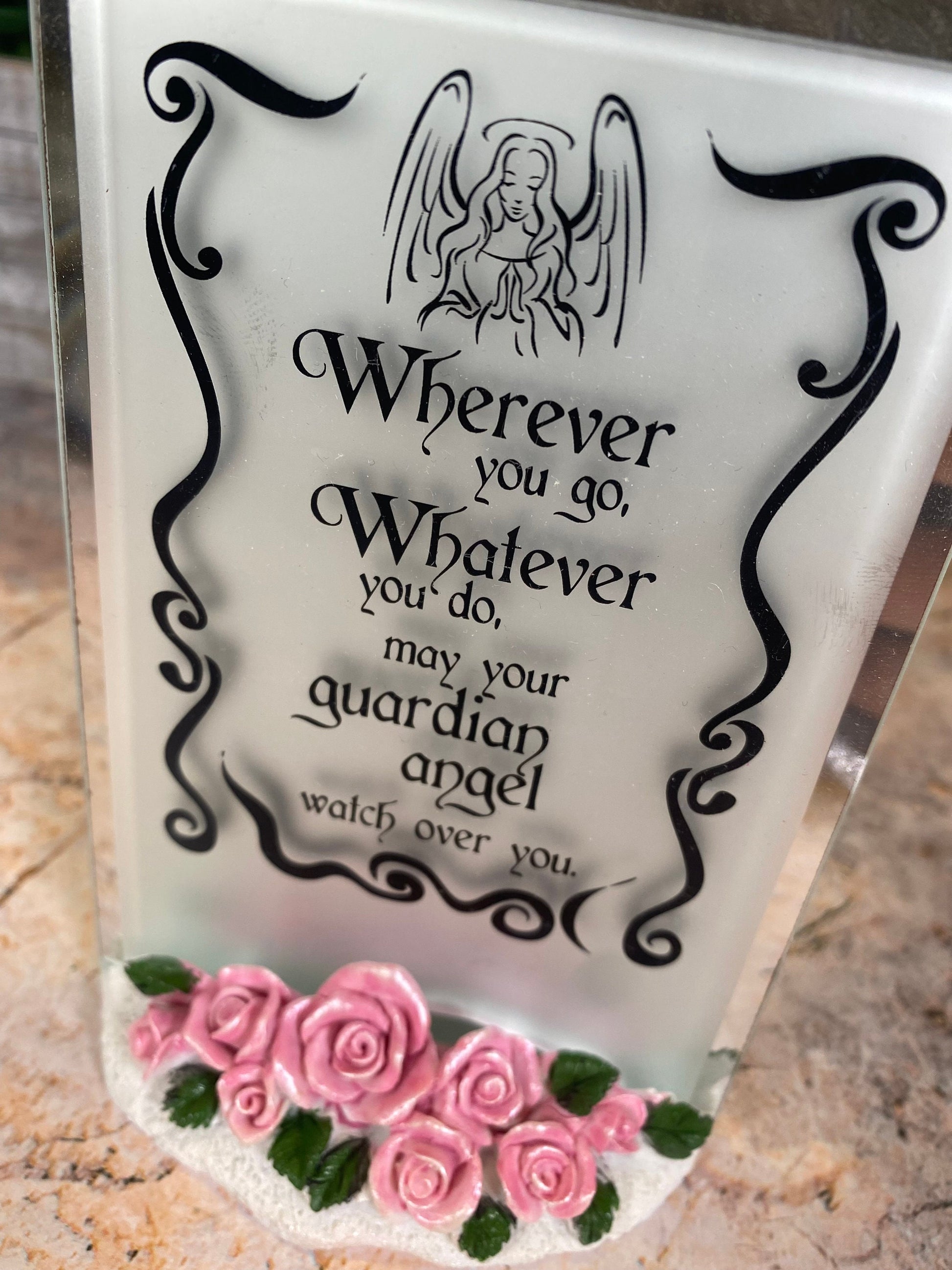 Guardian Angel Glass Frame with Resin Base - 13x9cm - Elegant Roses Decor - Spiritual & Heartfelt Gift for Loved Ones-Osiris Craftworks