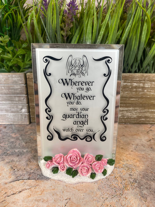 Guardian Angel Glass Frame with Resin Base - 13x9cm - Elegant Roses Decor - Spiritual & Heartfelt Gift for Loved Ones-Osiris Craftworks