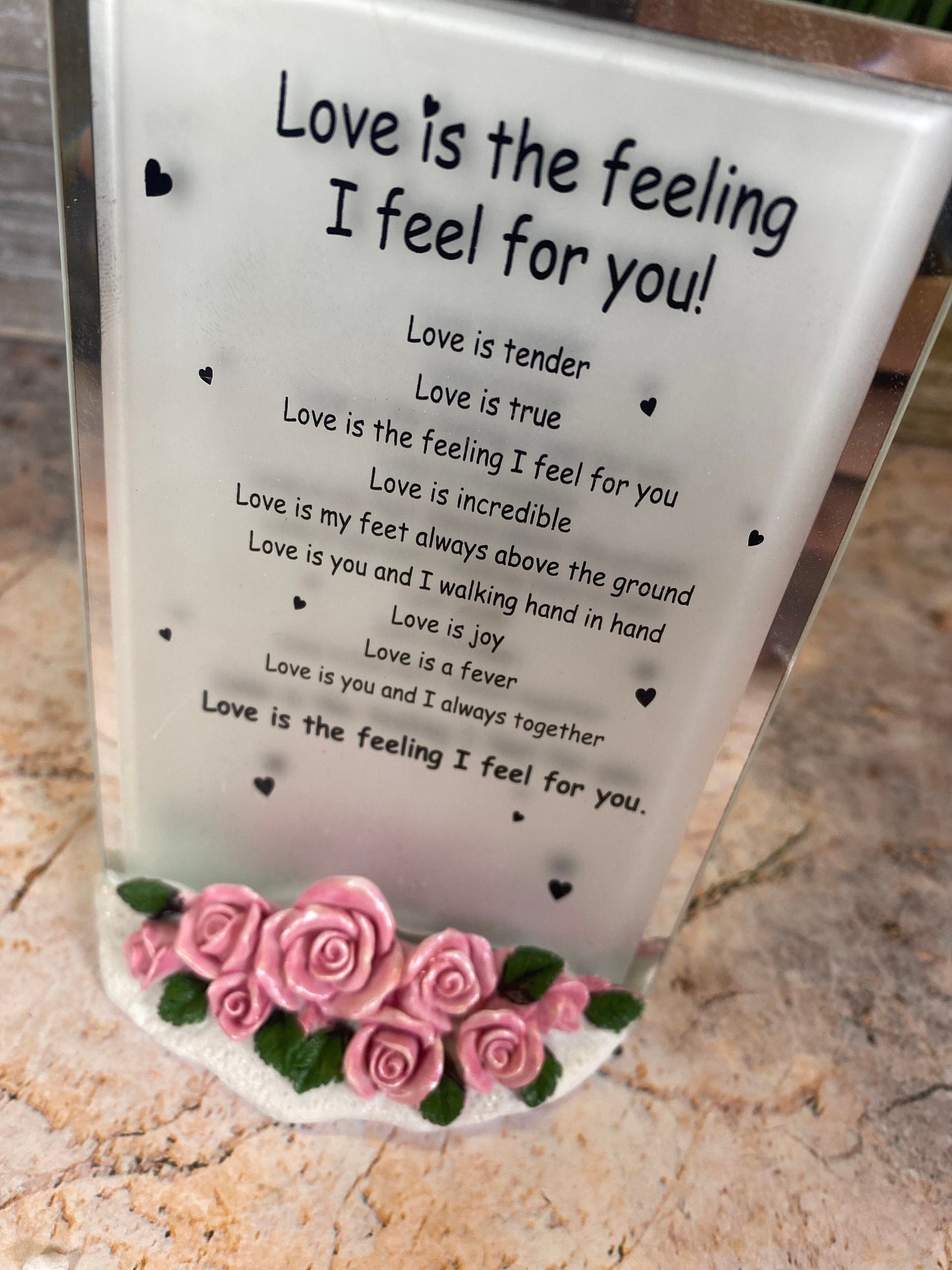 Love Poem Frame - Romantic Quote Decor - Resin Roses Base - Glass Love Keepsake - 14x9cm - Perfect for Anniversaries & Special Occasions