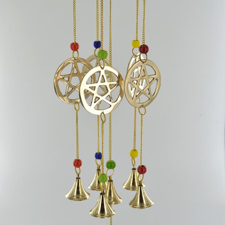 Golden Metal Wind Chime with Sacred Geometric Patterns - Beaded Pentagram Windchime with Colorful Accents - Spiritual Home Decor-Osiris Craftworks