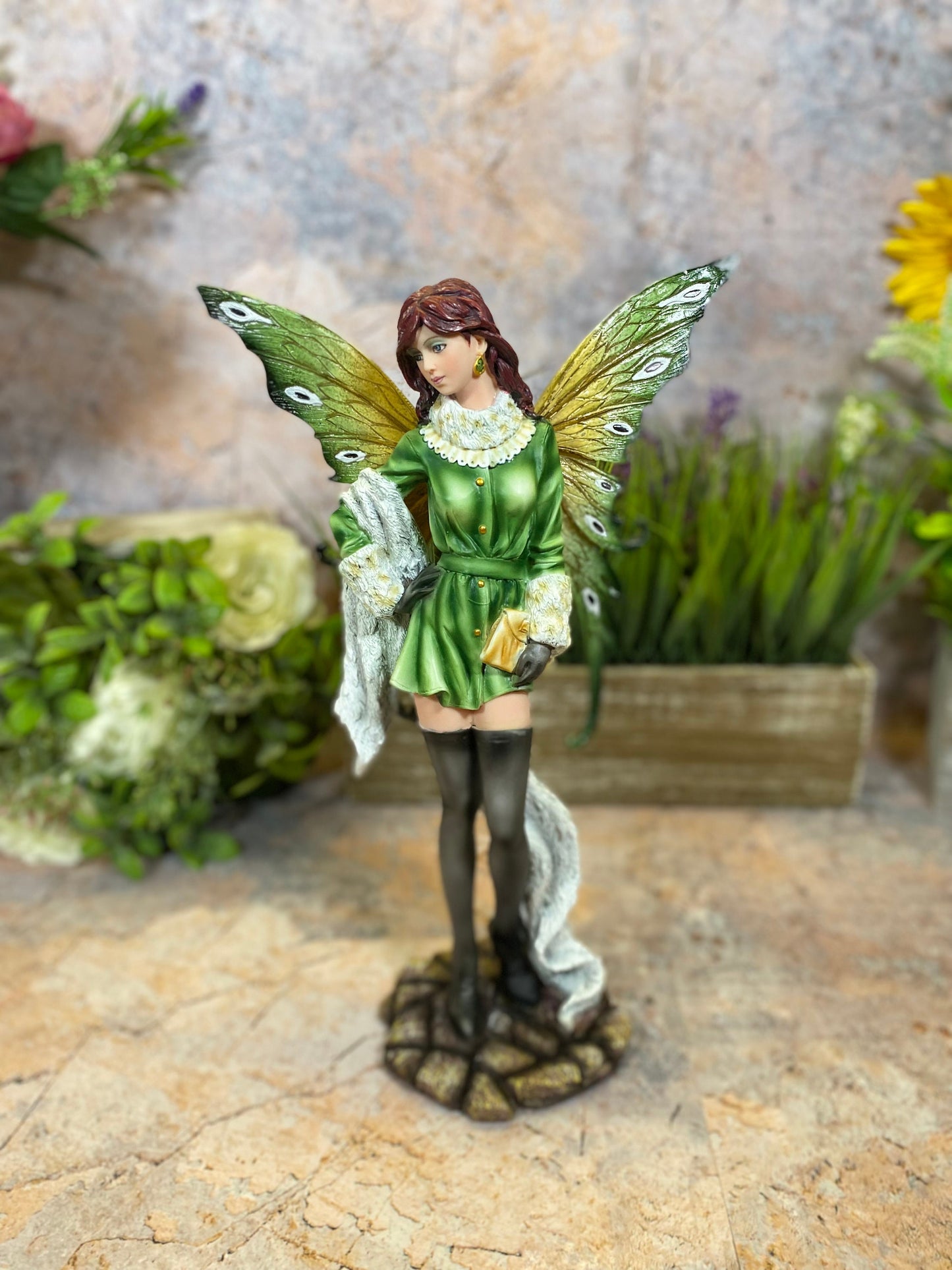 Elegant Green Dress Fairy Statue, Resin Fantasy Sculpture, Whimsical Home Decor, Enchanted Fairy Collectible, Handcrafted Art, 31cm Tall-Osiris Craftworks