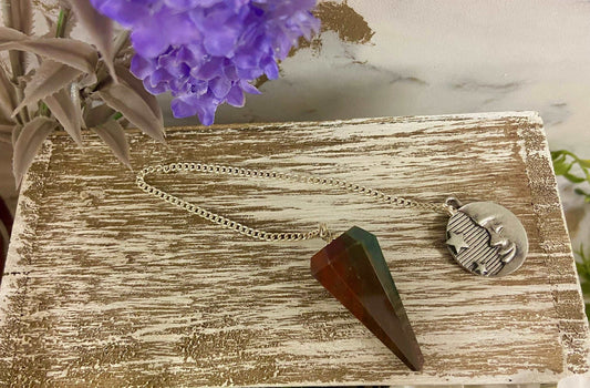 Bloodstone Pendulum with Moon & Star Charm Divination Pendulum | Spiritual Healing Crystal | Energy Guidance Tool | Celestial Jewellery