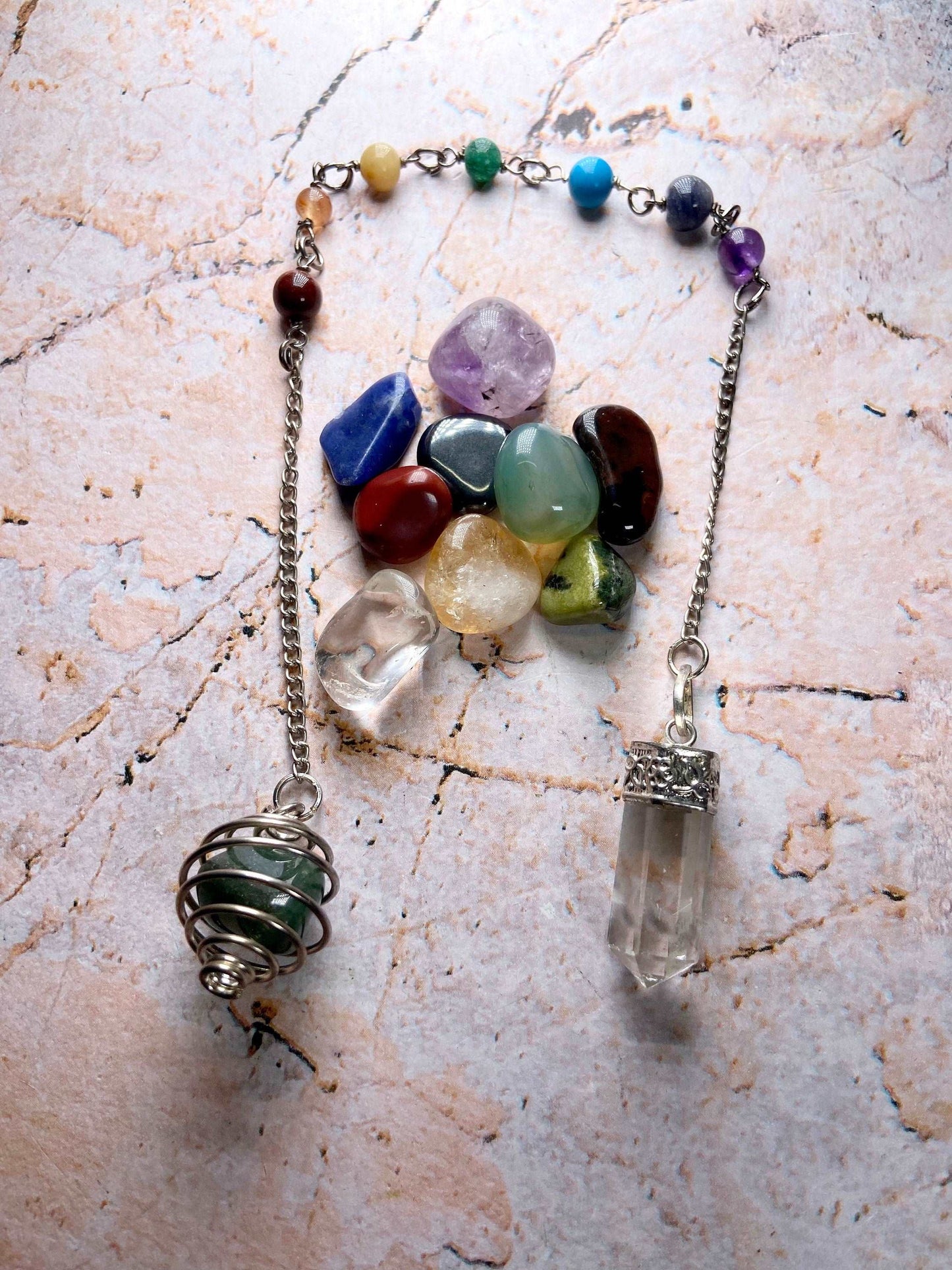 28cm Clear Quartz Pendulum/Pendant on Chakra Chain with Interchangeable Stone Cage with 10 Healing Crystals