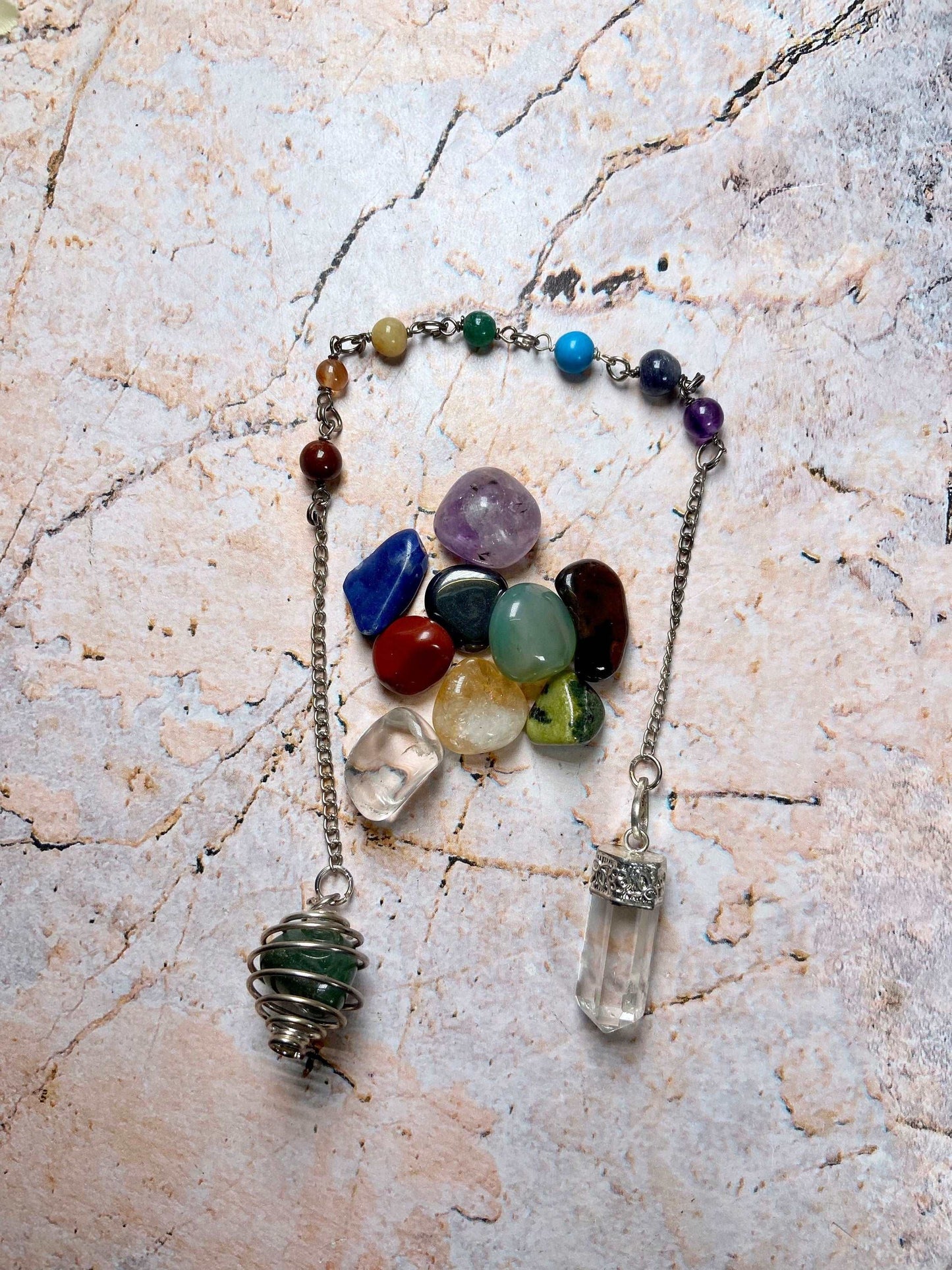 28cm Clear Quartz Pendulum/Pendant on Chakra Chain with Interchangeable Stone Cage with 10 Healing Crystals