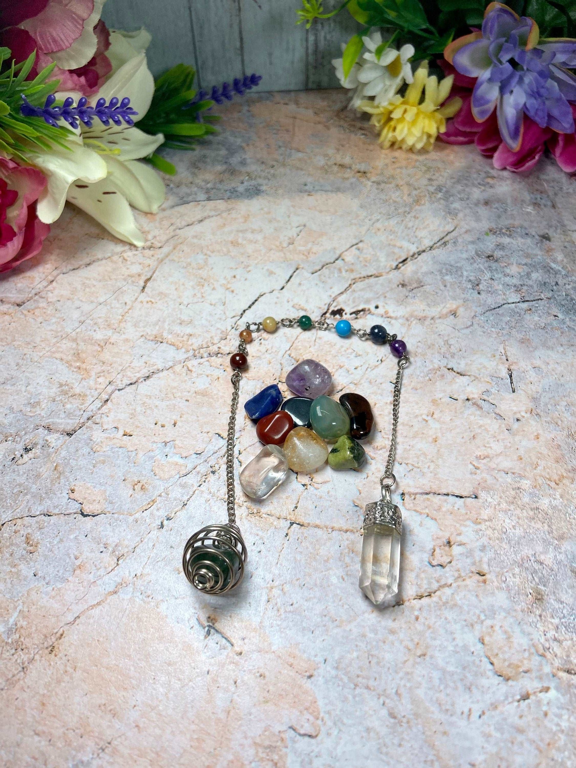 28cm Clear Quartz Pendulum/Pendant on Chakra Chain with Interchangeable Stone Cage with 10 Healing Crystals