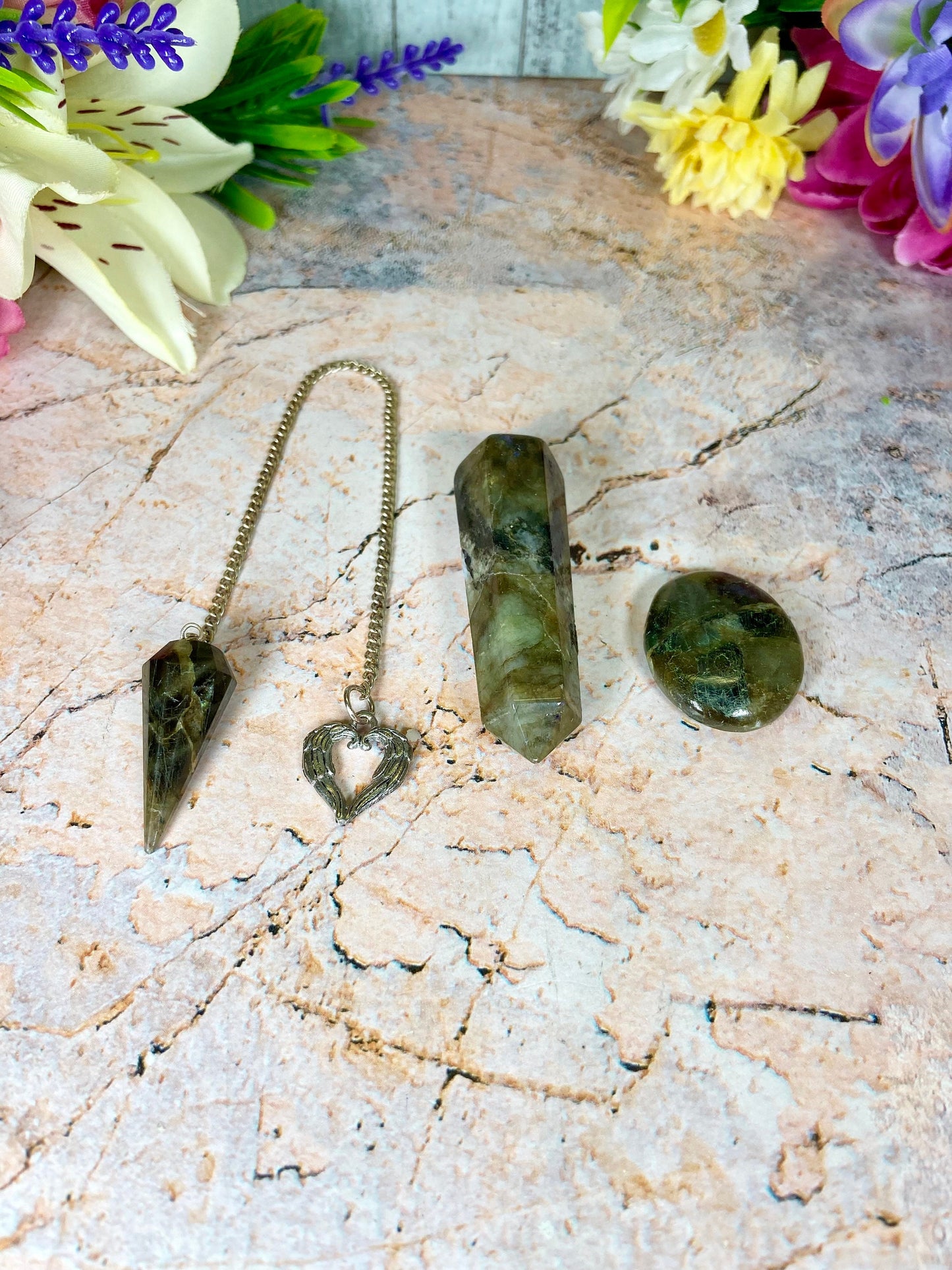 Labradorite Set of 3~ Pendulum with Heart, Thumb Stone and  Crystal Wand - Mystical Energy & Spiritual Connection Kit