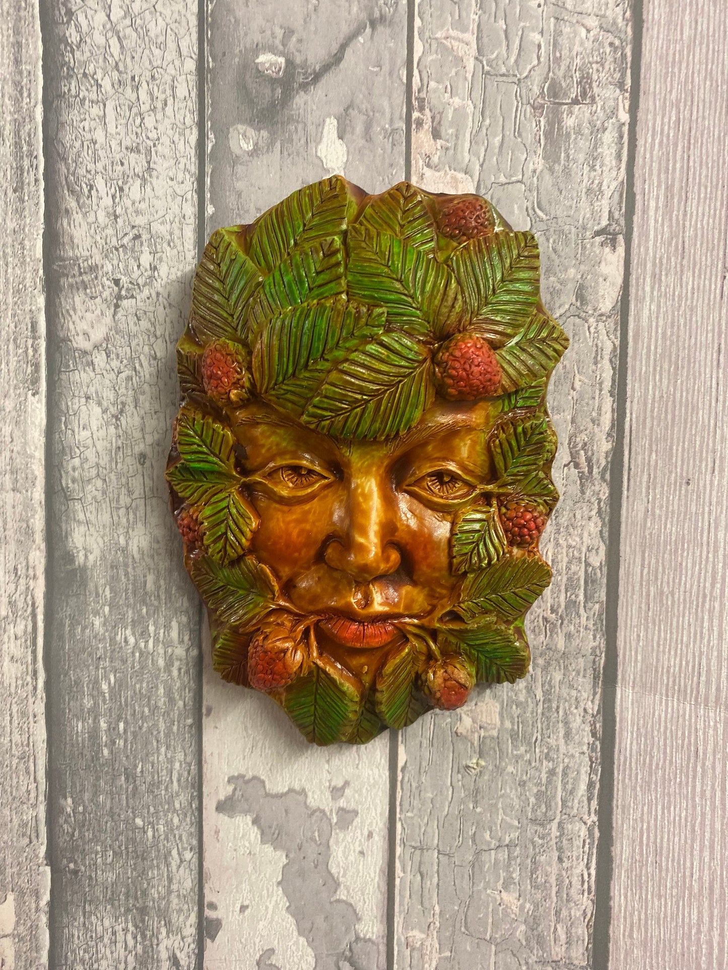 Strawberry Green Man Plaque | Green Goddess | Garden Wall Ornament | Mystic Pagan Decor | 18x12cm-Osiris Craftworks