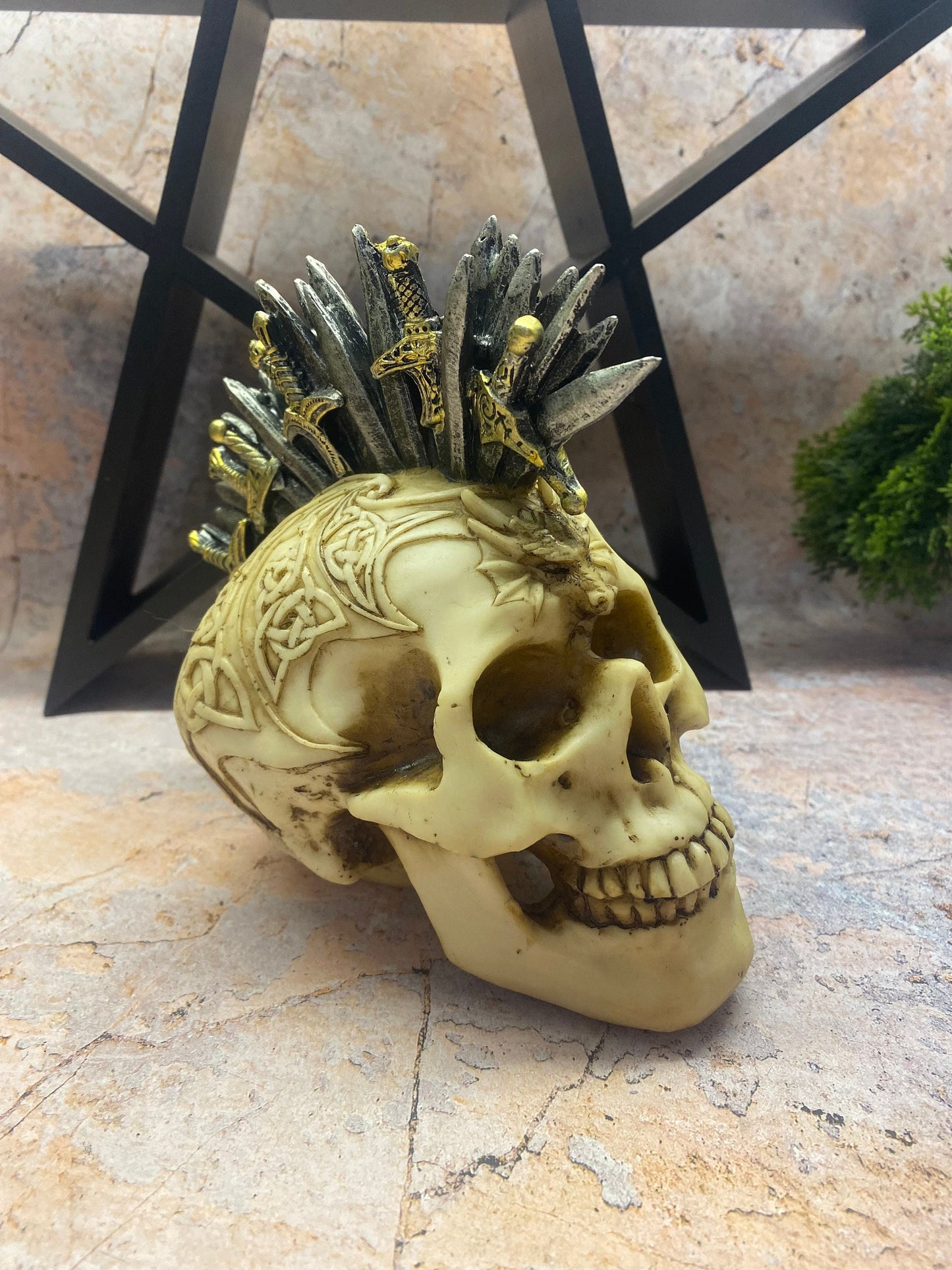 Celtic Style Mohawk Skull | 15x10cm Resin Figurine | Unique Tribal Decor | Ancient-Inspired Artistry-Osiris Craftworks