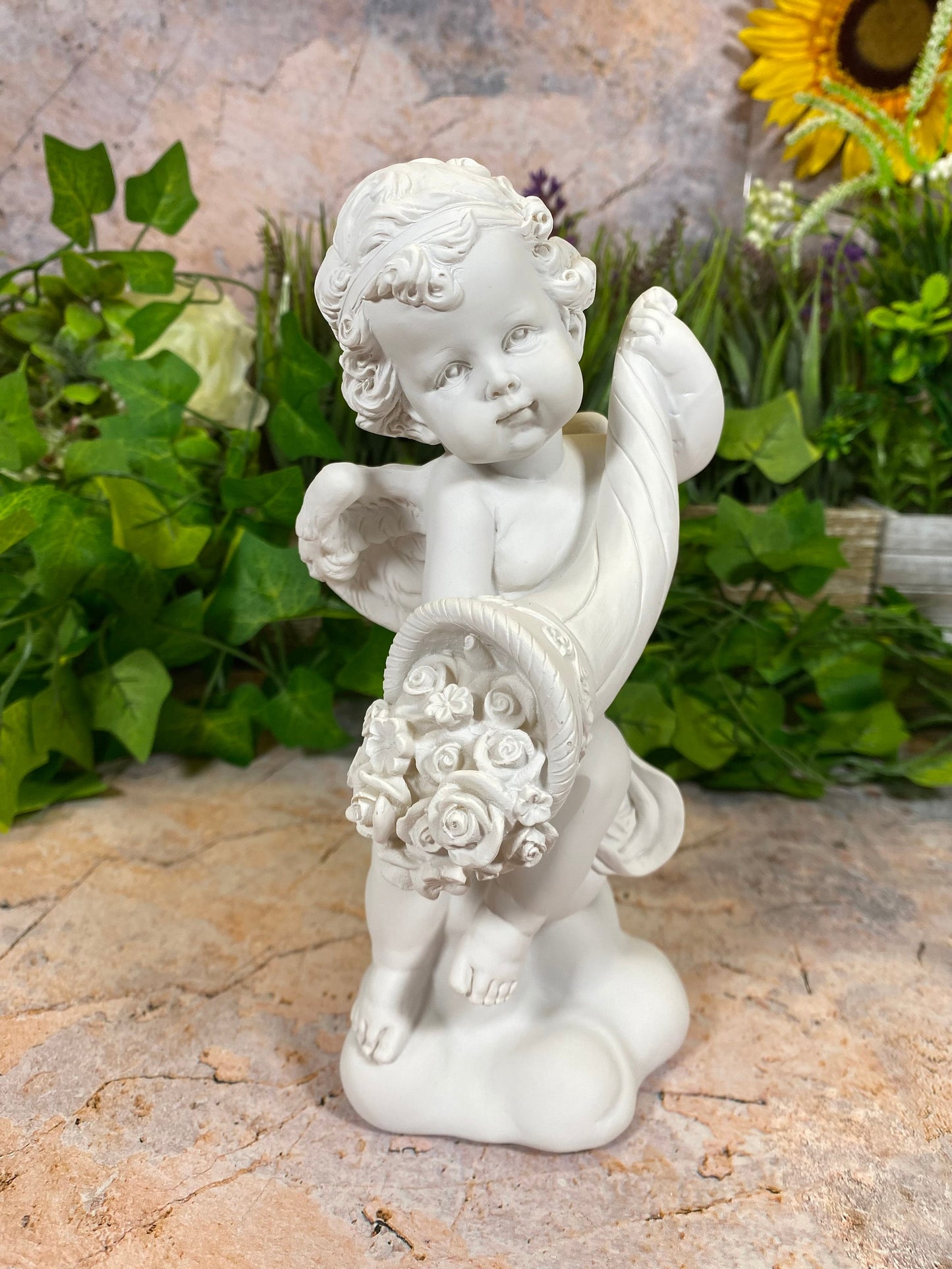 Cherubic Resin Angel Statue with Floral Bouquet | Angelic Figurine for Home Decor | Boxed Gift for Collectors-Osiris Craftworks