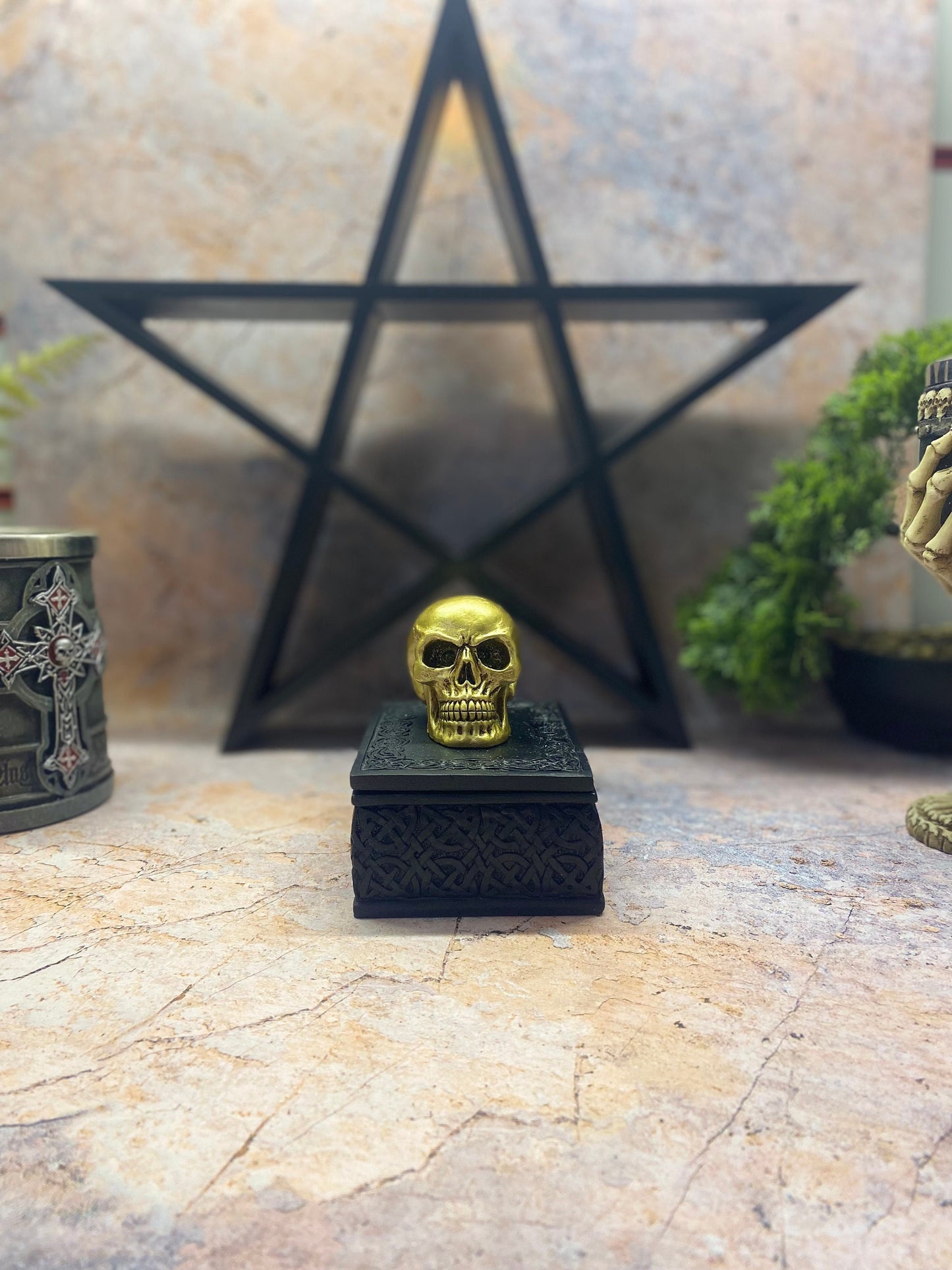 Gold Skull Trinket Box | Gothic Skeleton Stash | Secret Storage Sculpture | Horror Ornament | 11.8x8.3cm-Osiris Craftworks