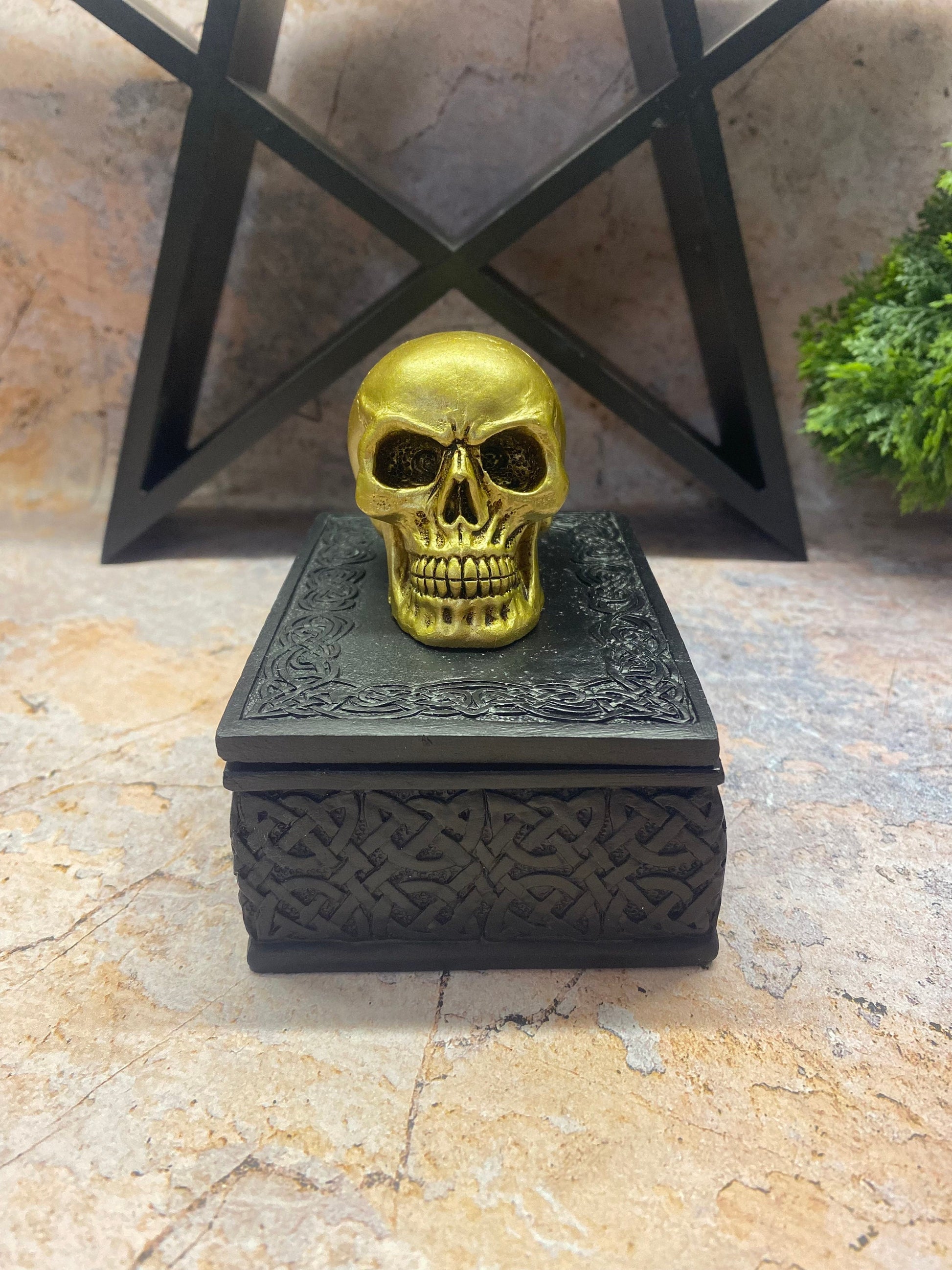 Gold Skull Trinket Box | Gothic Skeleton Stash | Secret Storage Sculpture | Horror Ornament | 11.8x8.3cm-Osiris Craftworks