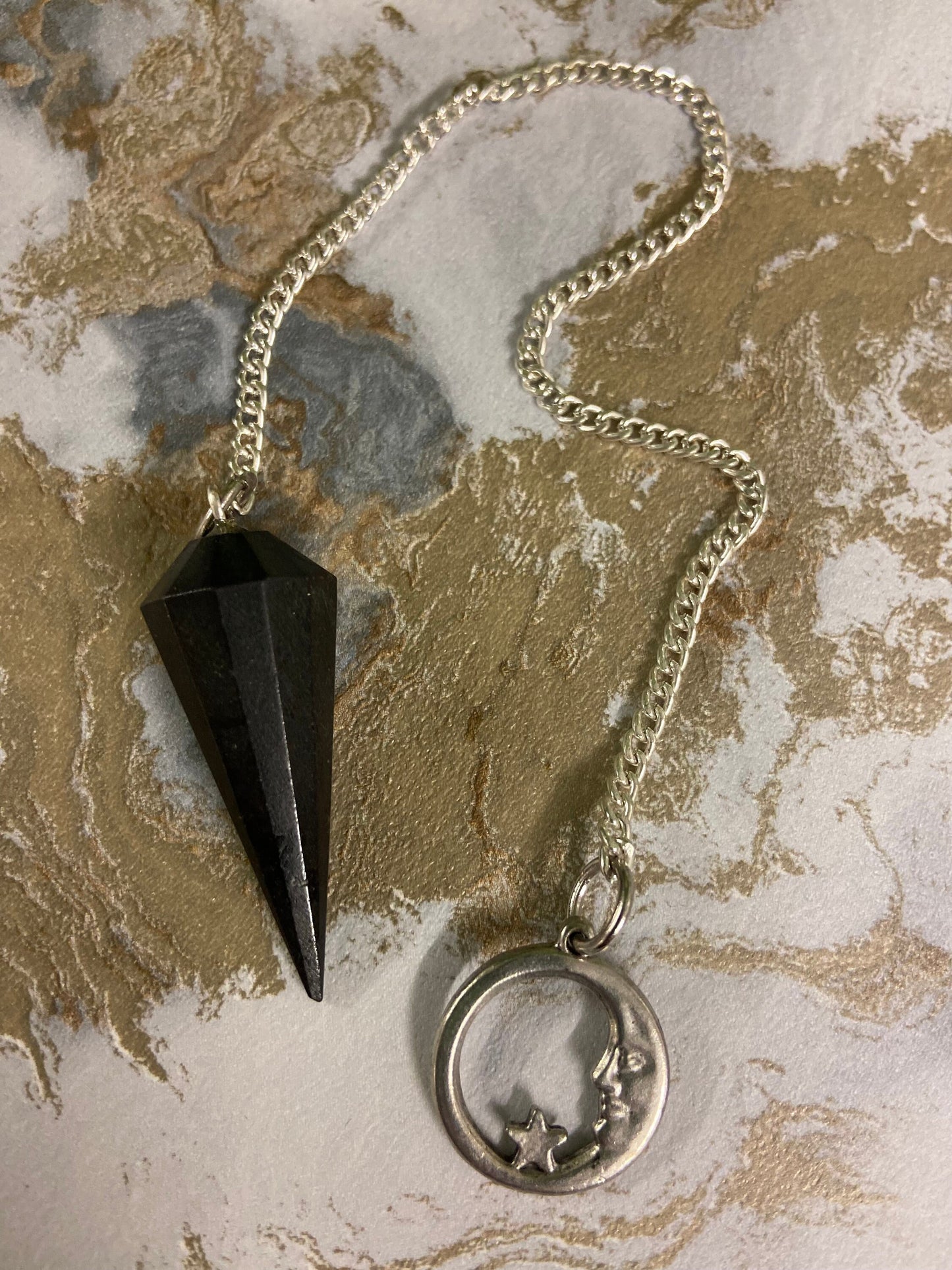 Celestial Black Tourmaline Pendulum | Moon & Star Adornments | Mystical Divination Tool | 20cm-24cm Length