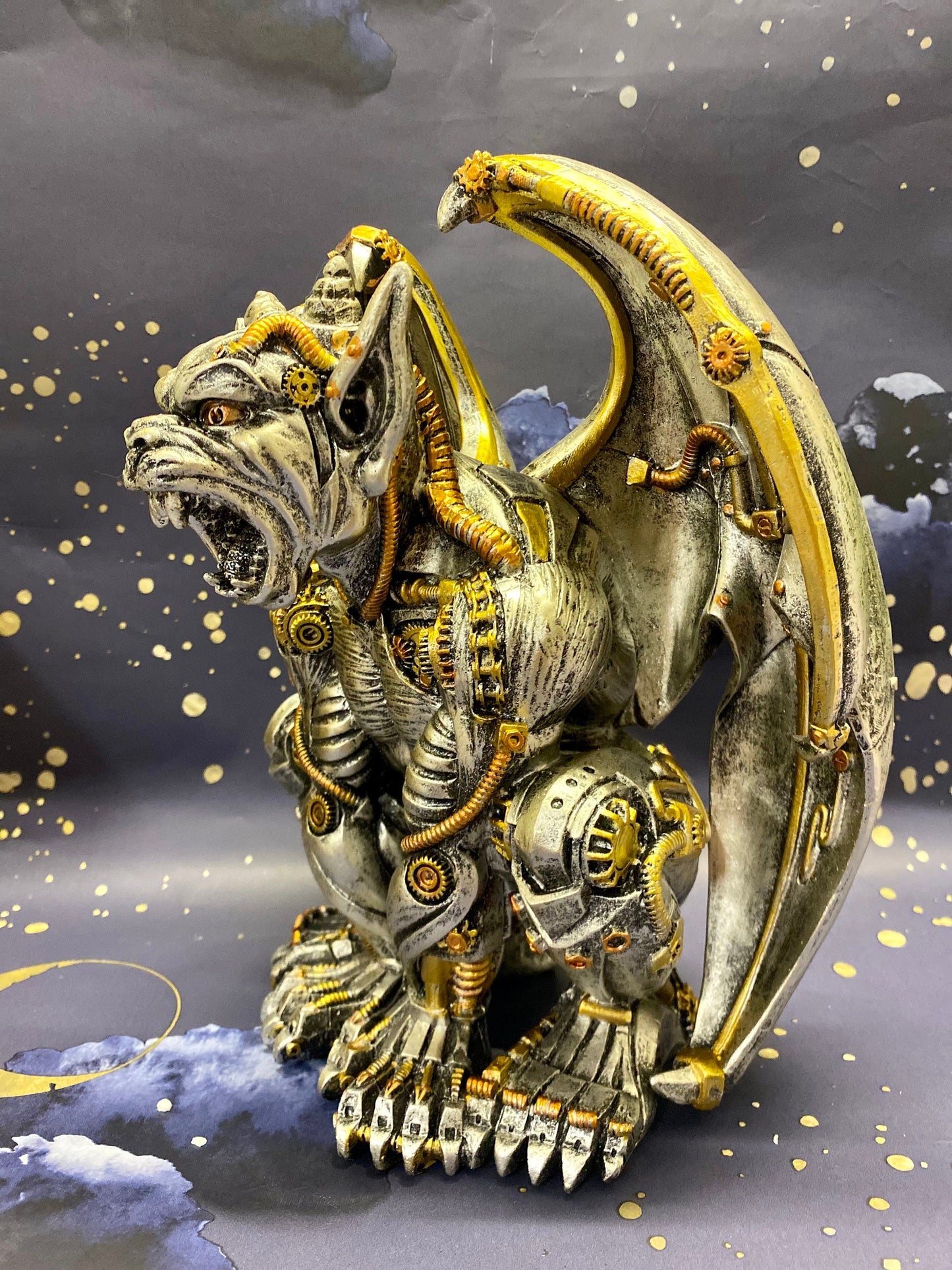 Steampunk Gargoyle Statue | Mechanical Gothic Decor | Gold Accent Fantasy Figure | Unique Art Piece | Collector's Delight-Osiris Craftworks