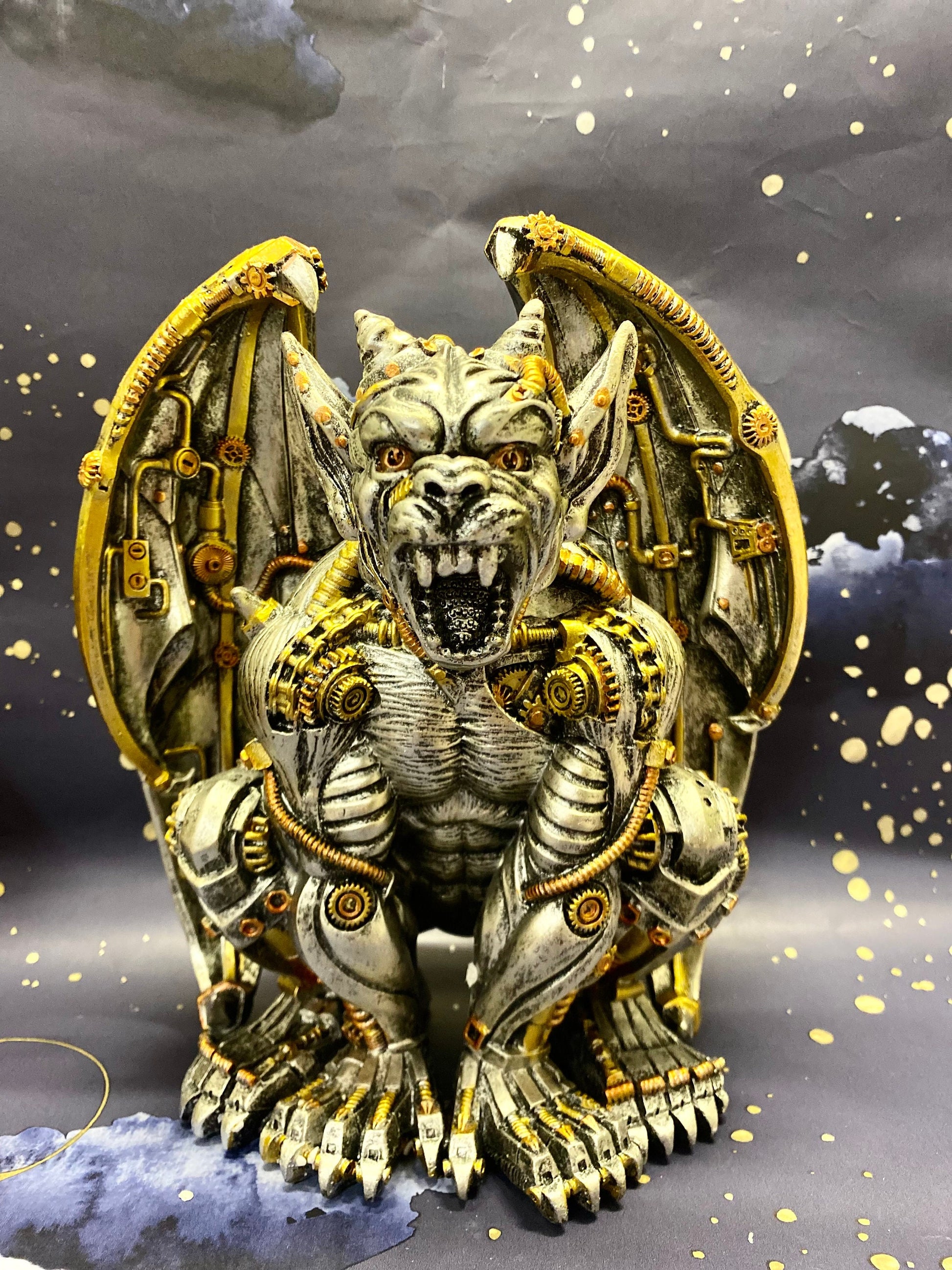 Steampunk Gargoyle Statue | Mechanical Gothic Decor | Gold Accent Fantasy Figure | Unique Art Piece | Collector's Delight-Osiris Craftworks