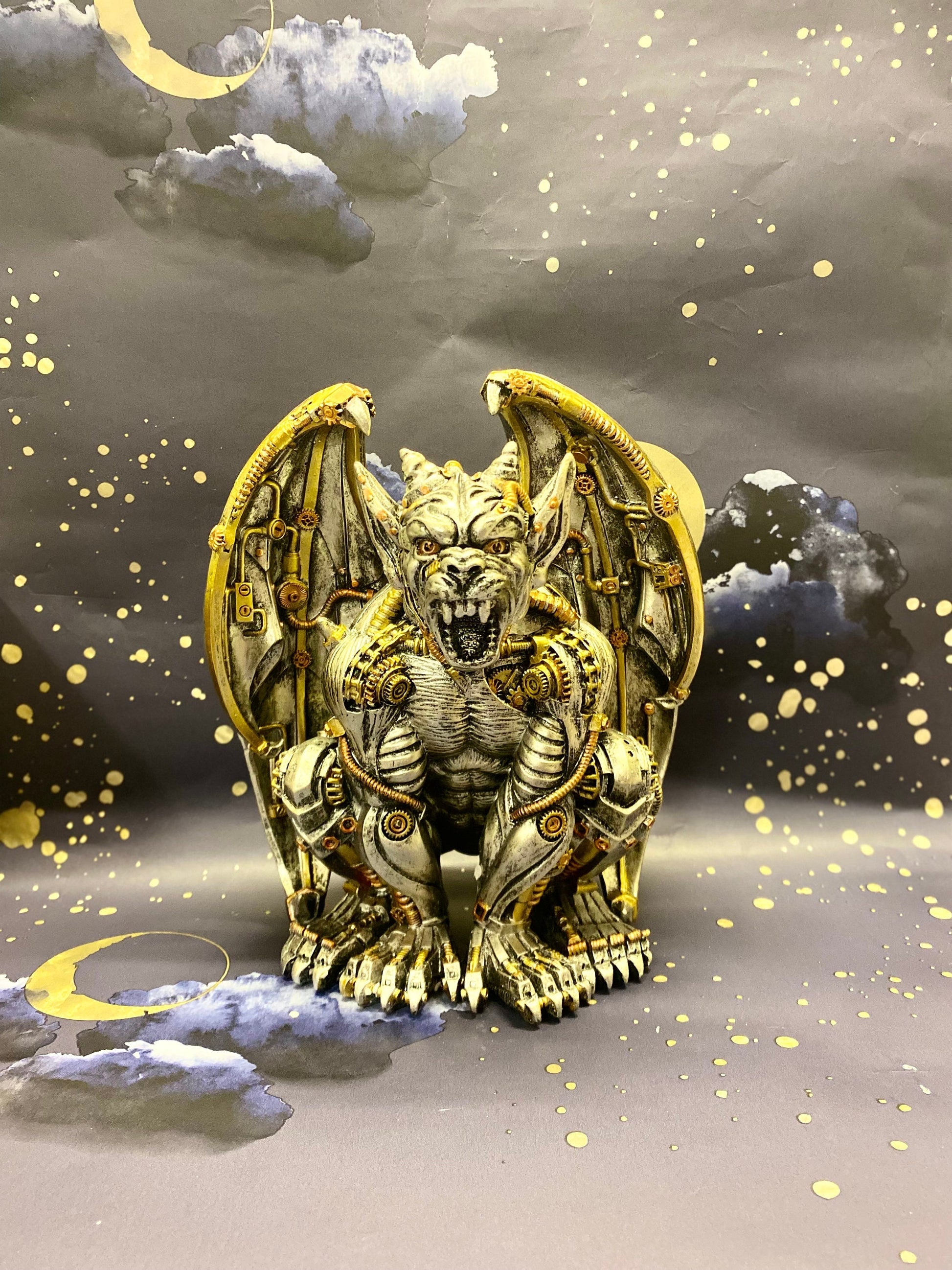 Steampunk Gargoyle Statue | Mechanical Gothic Decor | Gold Accent Fantasy Figure | Unique Art Piece | Collector's Delight-Osiris Craftworks