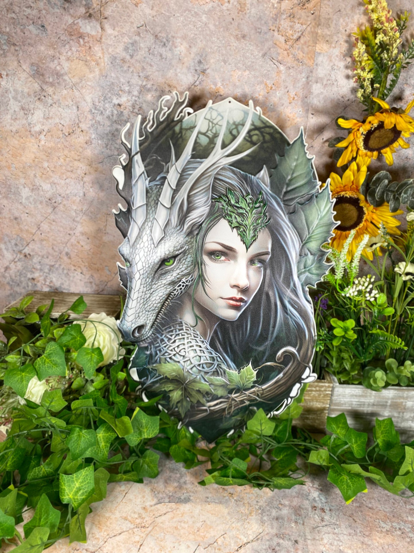 Enchanted Forest Dragon and Elf Metal Sign - Fantasy Art Wall Decor - 30x48cm with Pre-drilled Hole for Easy Hanging-Osiris Craftworks