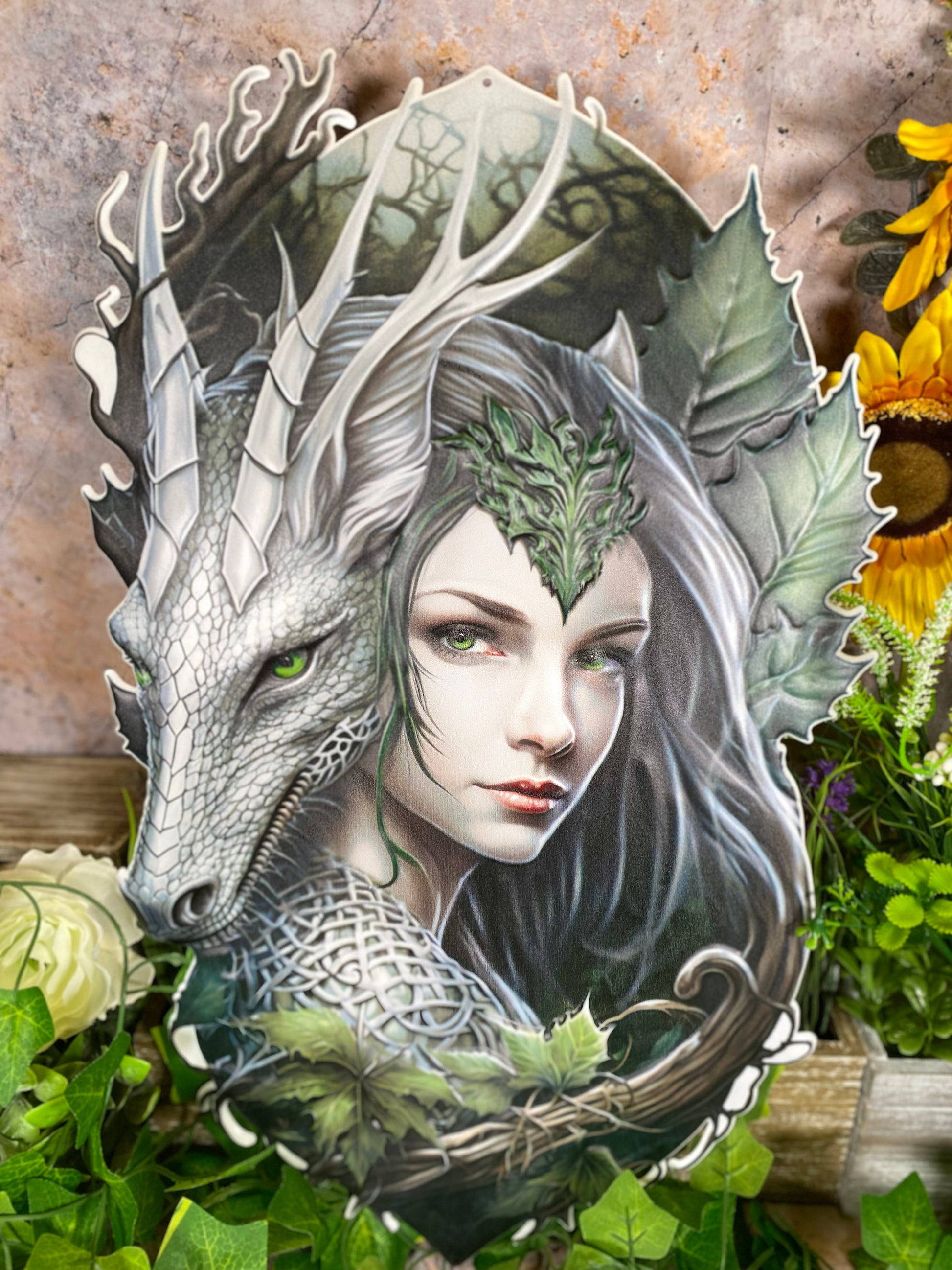 Enchanted Forest Dragon and Elf Metal Sign - Fantasy Art Wall Decor - 30x48cm with Pre-drilled Hole for Easy Hanging-Osiris Craftworks