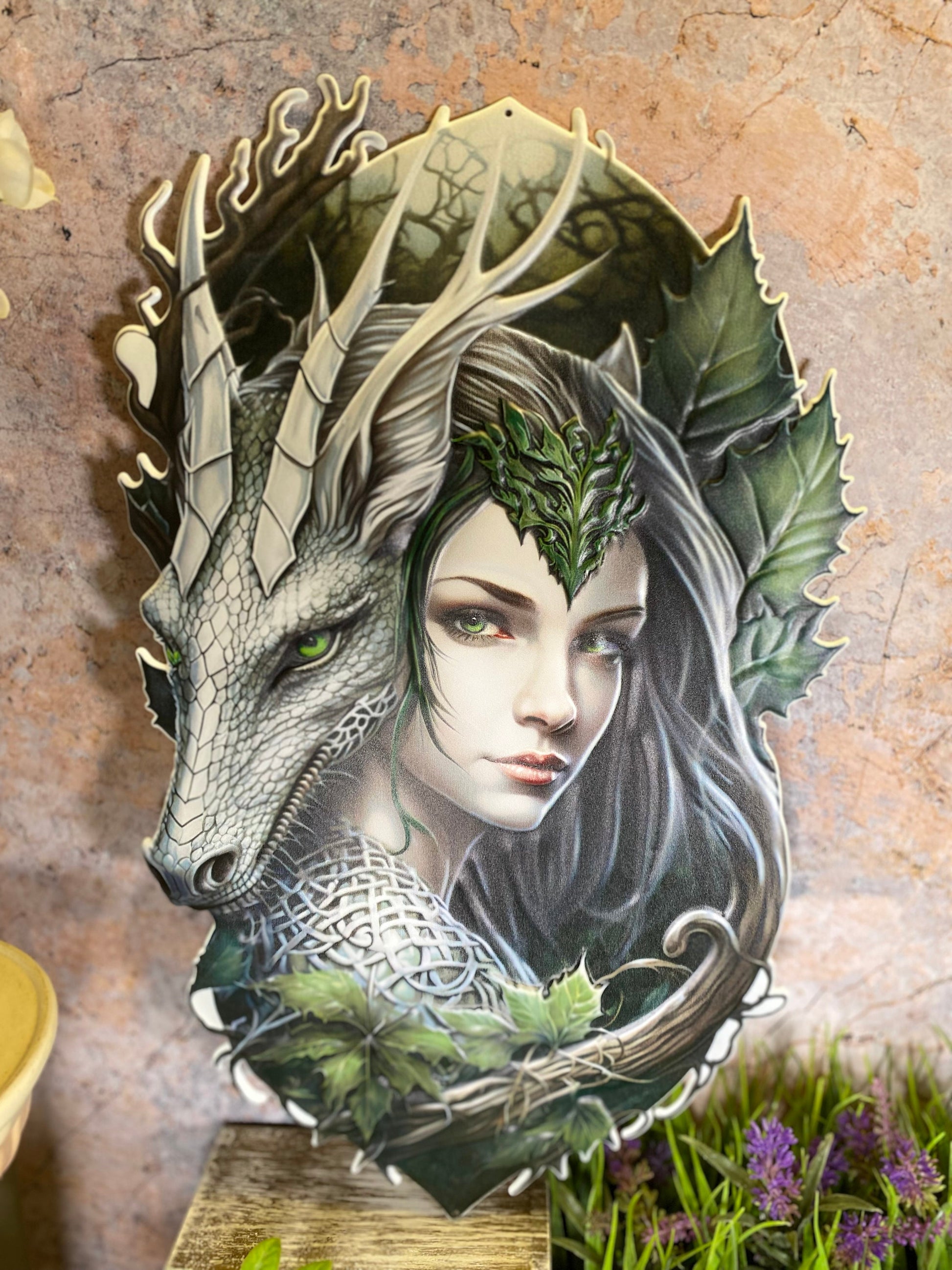 Enchanted Forest Dragon and Elf Metal Sign - Fantasy Art Wall Decor - 30x48cm with Pre-drilled Hole for Easy Hanging-Osiris Craftworks