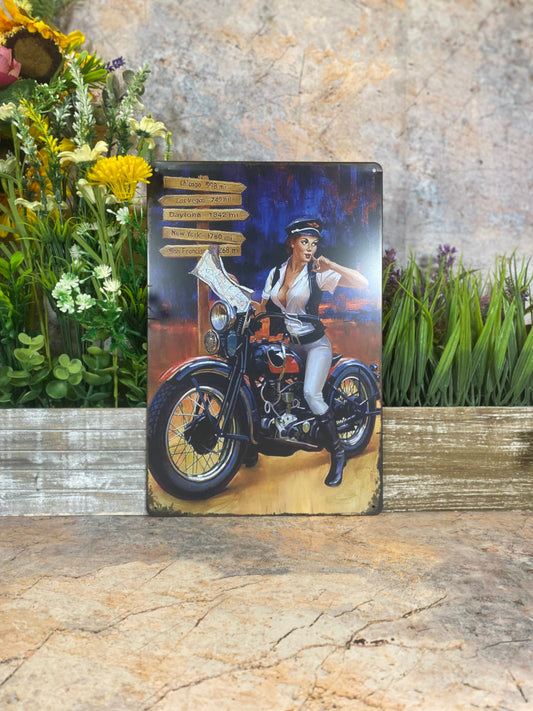 Vintage Pin Up Lady Biker Metal Sign - Retro Charm for Your Space Man Cave Garage Shed Wall Decor-Osiris Craftworks