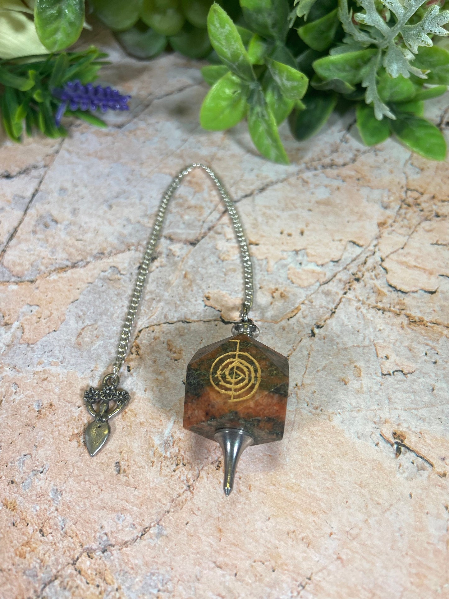 Unakite Pendulum with Sacred Spiral Engraving Cho Ku Rei- Silver Heart Charm - Authentic Stone for Spiritual 23CM Dowsing & Balance