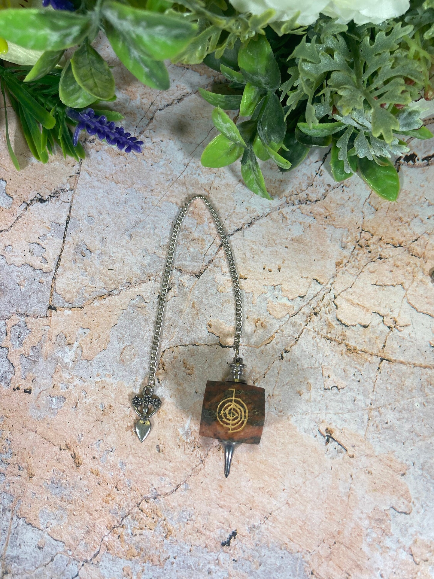 Unakite Pendulum with Sacred Spiral Engraving Cho Ku Rei- Silver Heart Charm - Authentic Stone for Spiritual 23CM Dowsing & Balance