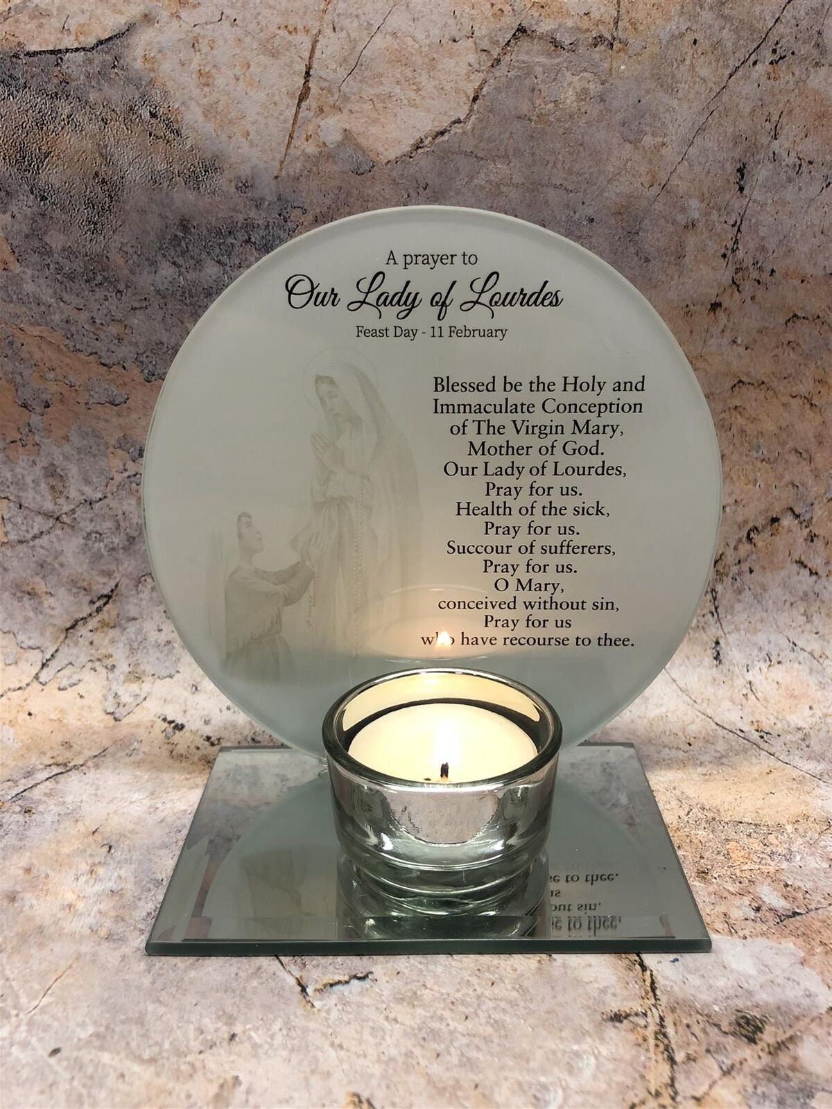 Glass Prayer Plaque to Our Lady of Lourdes with Candle Holder Mirrored Devotional Stand, Catholic Religious Gift, Spiritual Decor-Osiris Craftworks