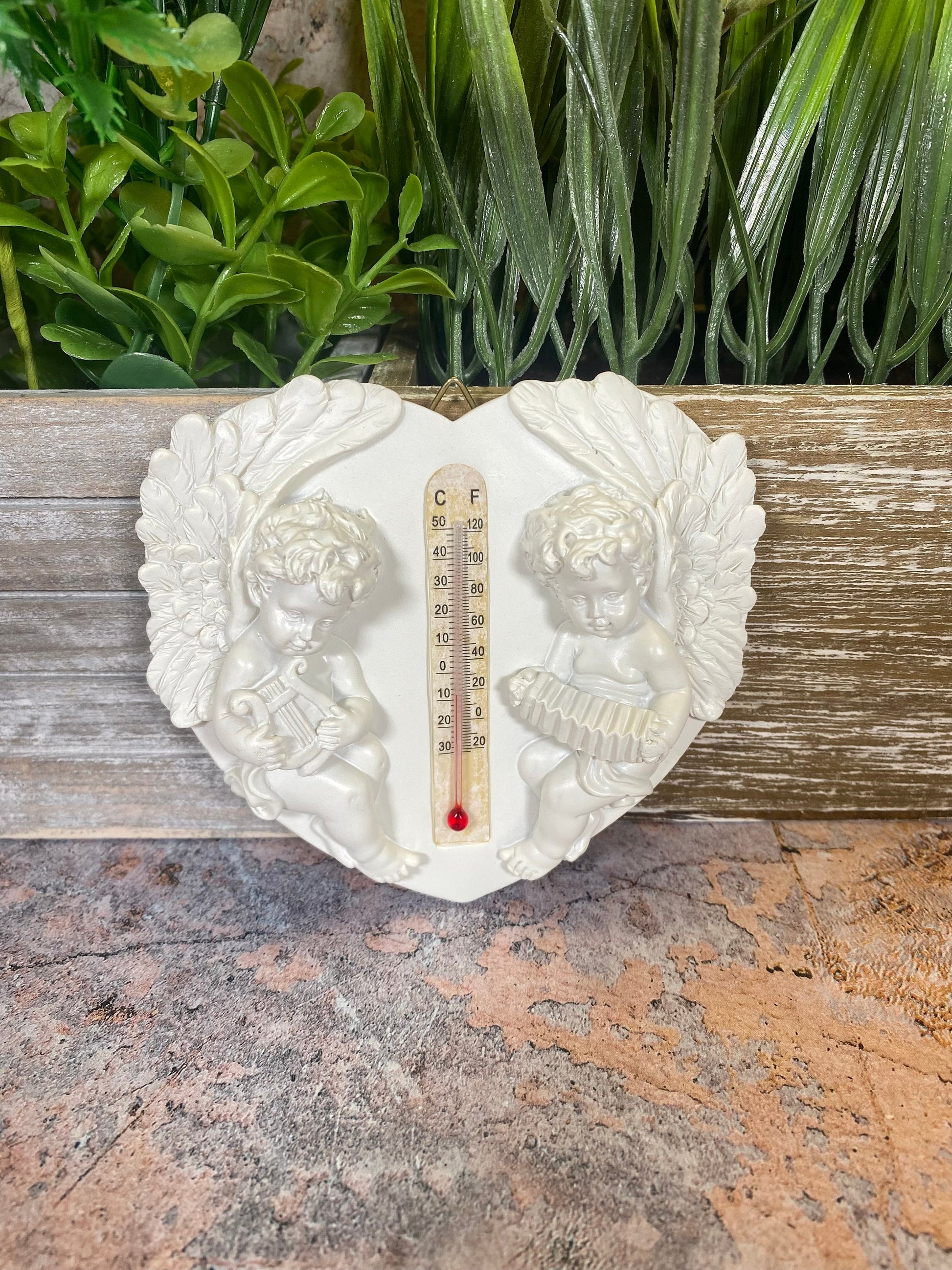 Cherub Thermometer Resin Decor | Angel Heart-Shaped Wall Hanging | Rustic Garden and Home Ornament | Dual Celsius & Fahrenheit-Osiris Craftworks