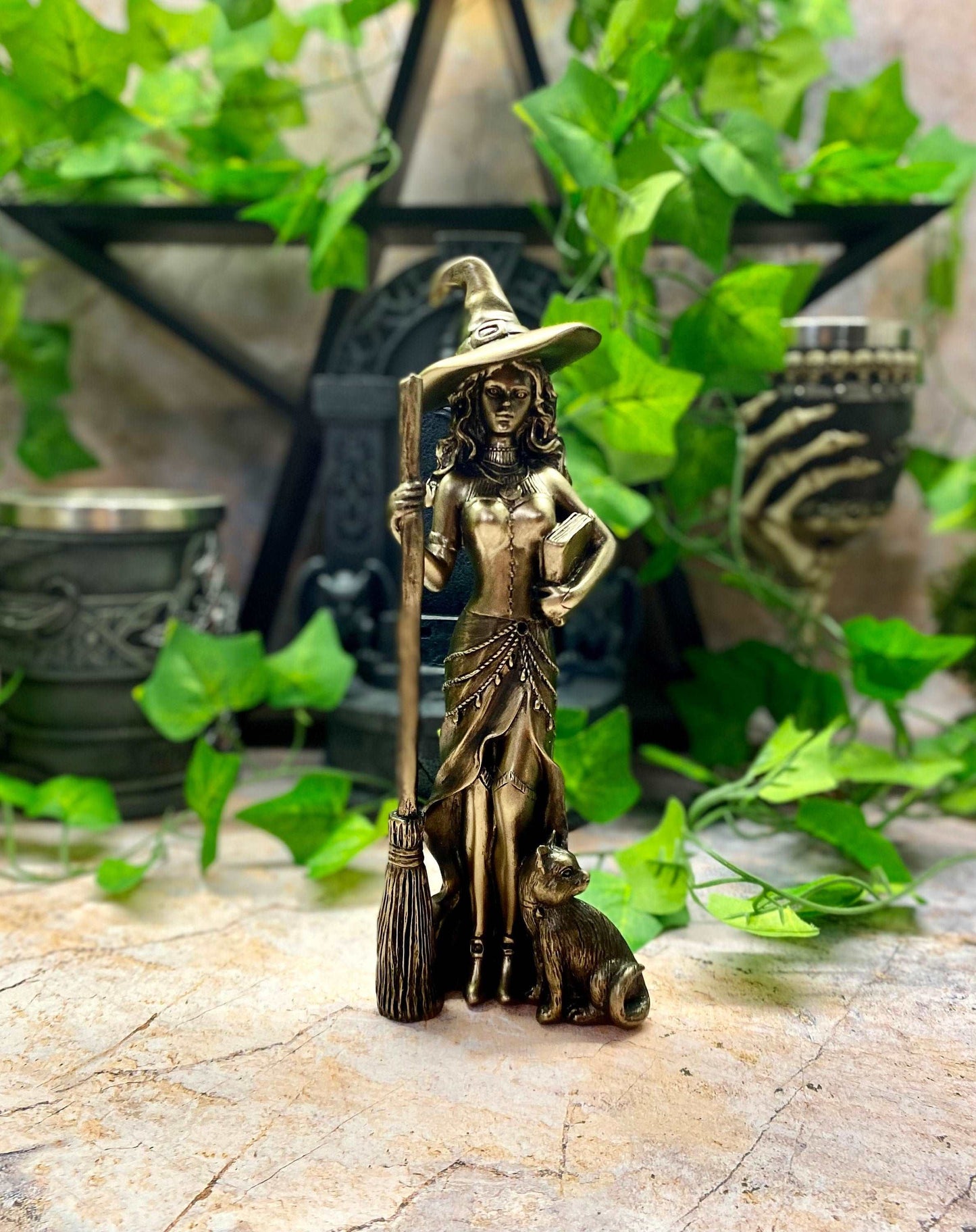 Bronze Witch Figurine with Cat | Handmade Resin | Witchcraft & Wiccan Decor | Magical Gift Home Ornament-Osiris Craftworks