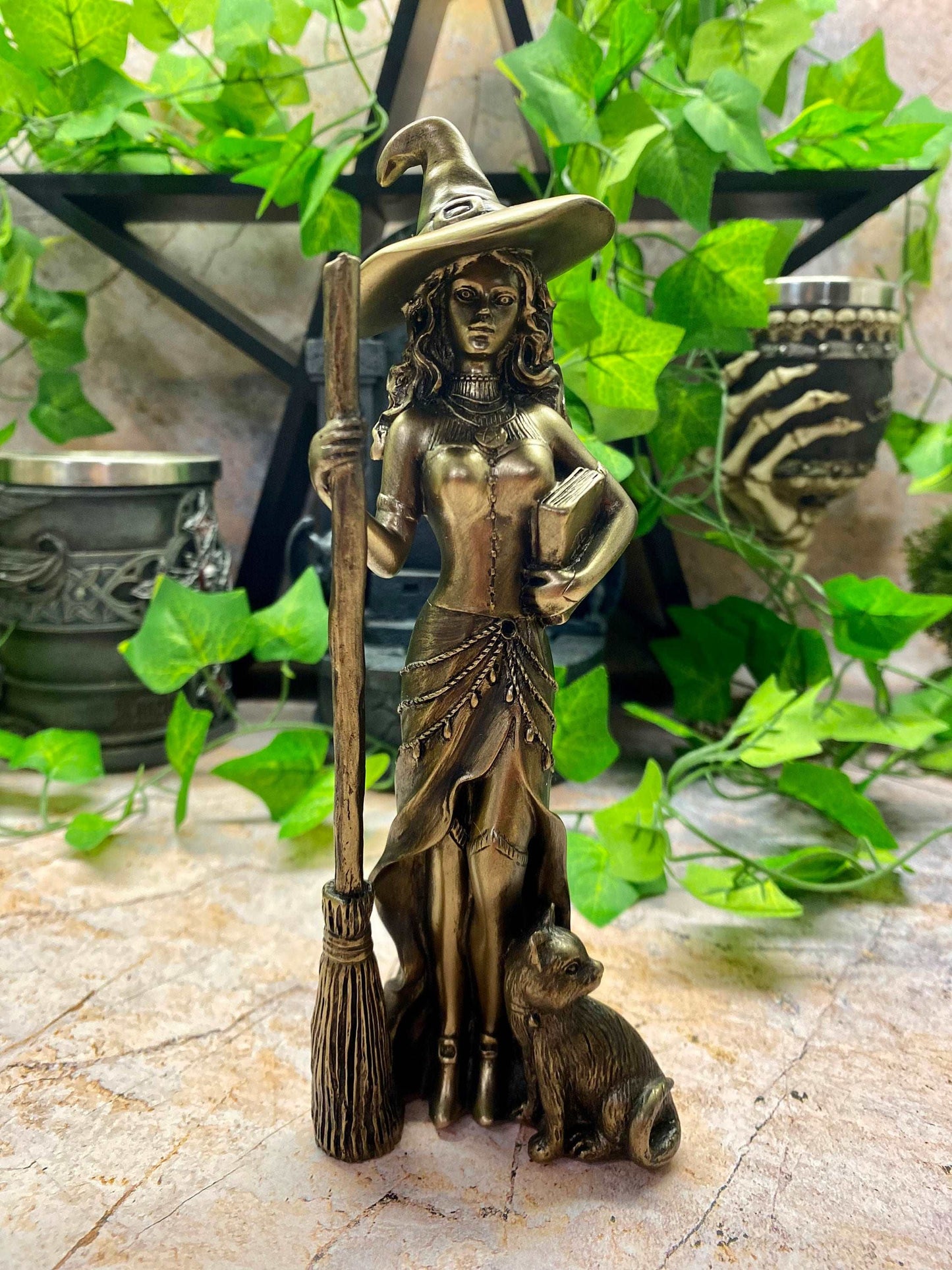 Bronze Witch Figurine with Cat | Handmade Resin | Witchcraft & Wiccan Decor | Magical Gift Home Ornament-Osiris Craftworks