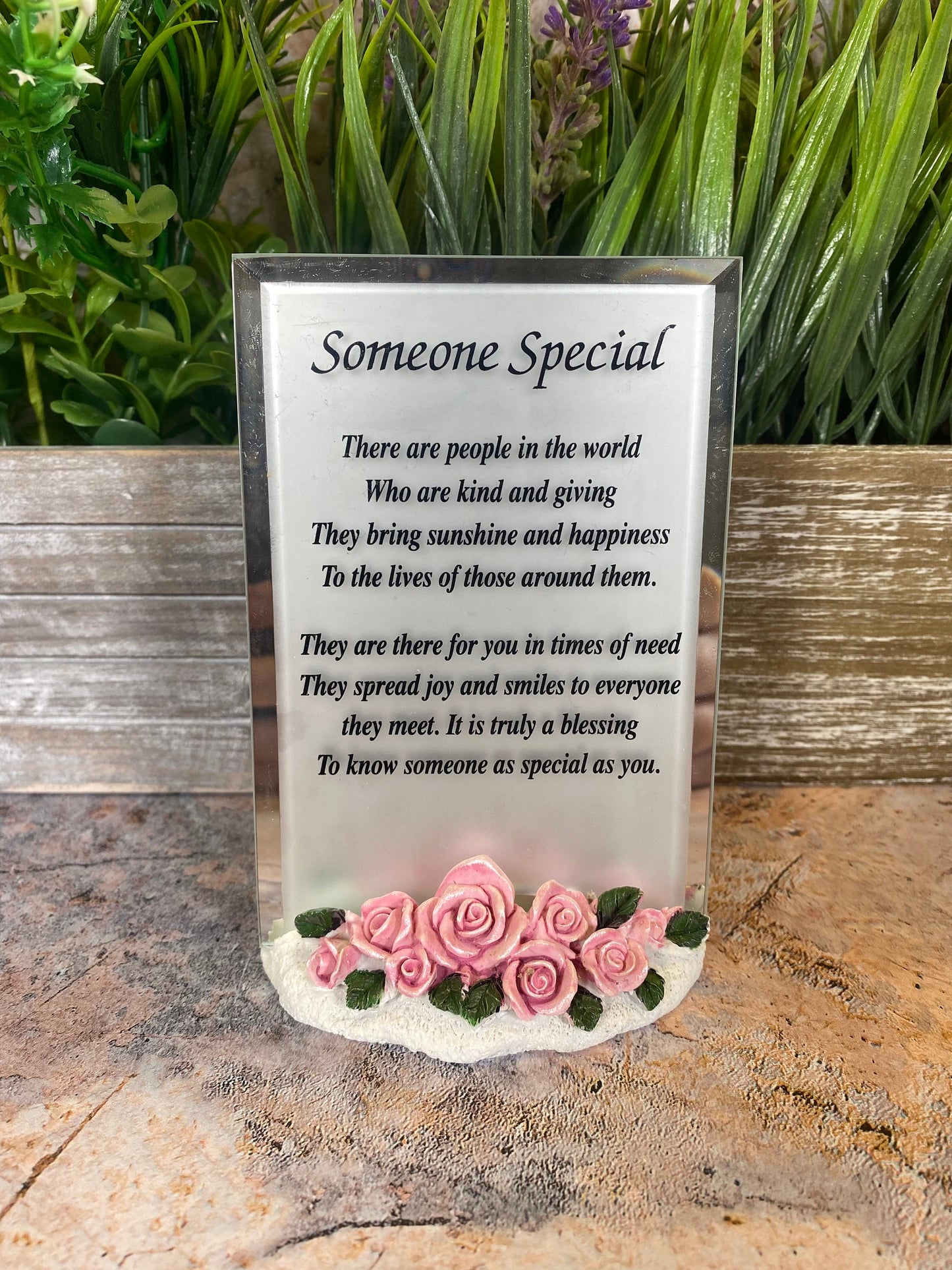 Cadre en verre « Someone Special » avec base en résine et roses - 13 x 9 cm - Affichage de citations sentimentales - Cadeau parfait pour un être cher