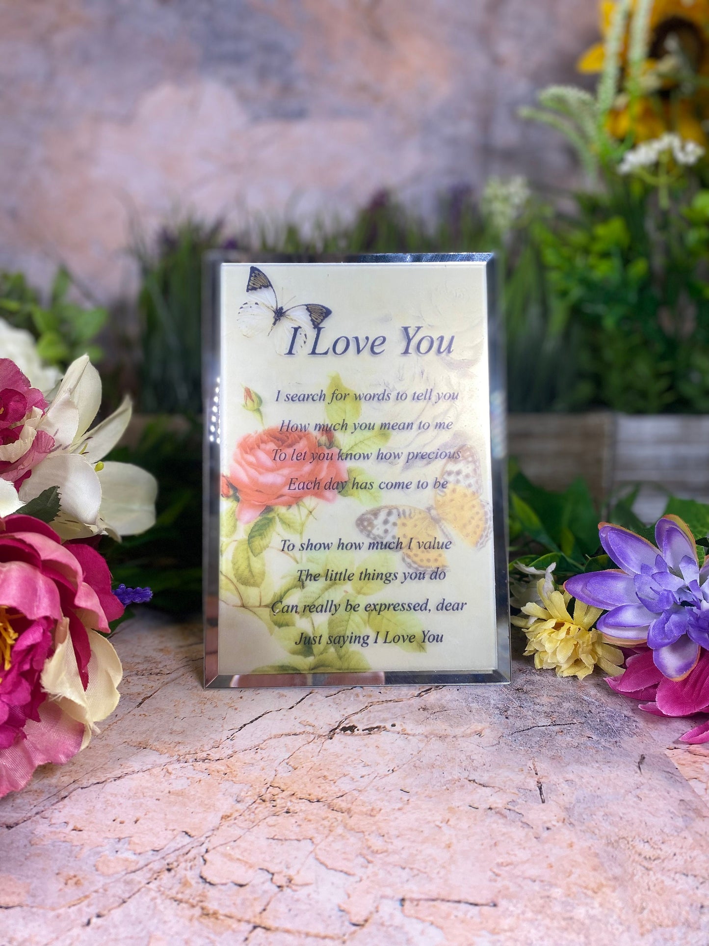 Romantic 'I Love You' Glass Plaque, Freestanding Love Poem, Butterfly and Floral Love Declaration, Sentimental Gift, Anniversary Keepsake-Osiris Craftworks