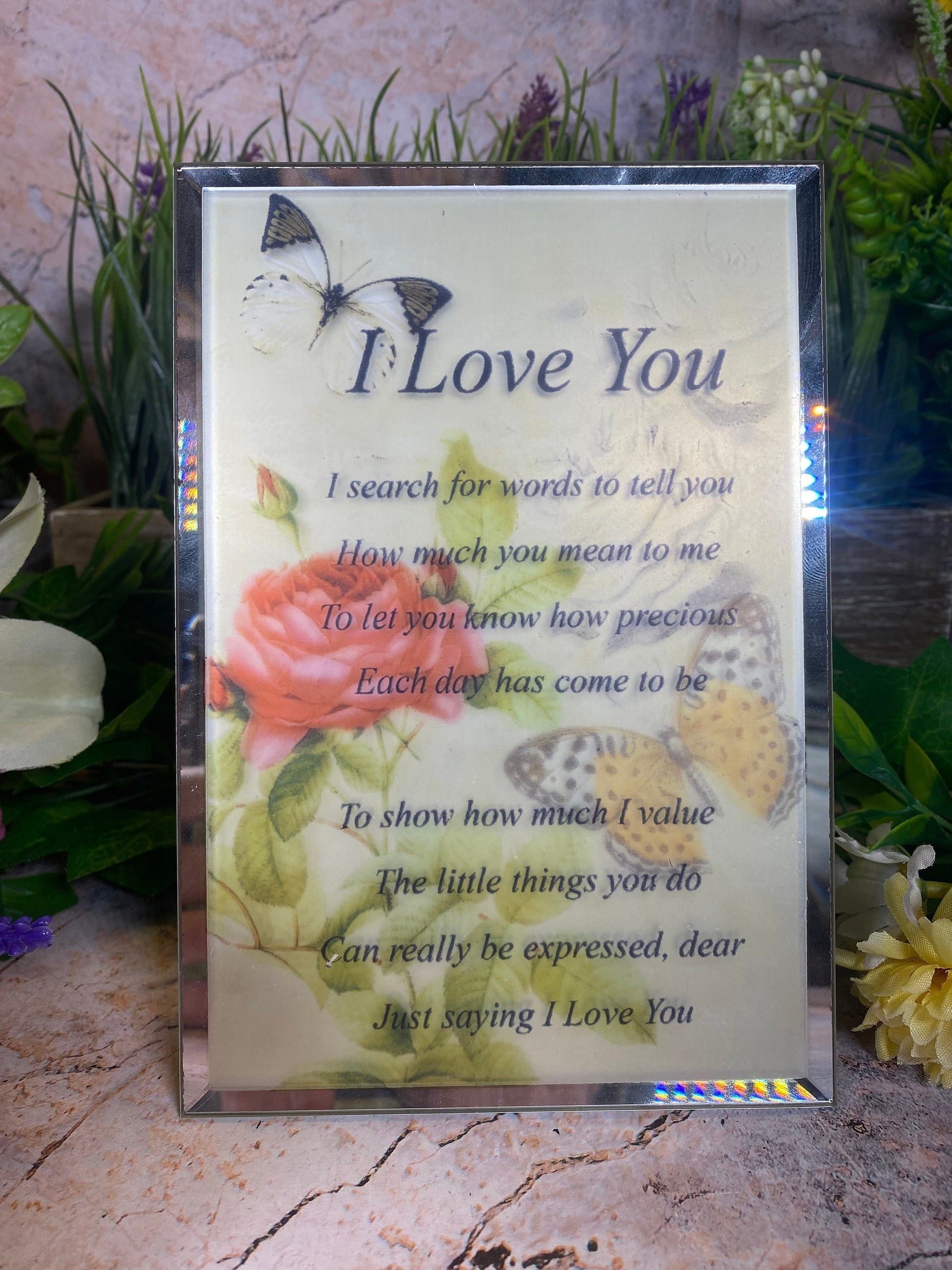 Romantic 'I Love You' Glass Plaque, Freestanding Love Poem, Butterfly and Floral Love Declaration, Sentimental Gift, Anniversary Keepsake-Osiris Craftworks