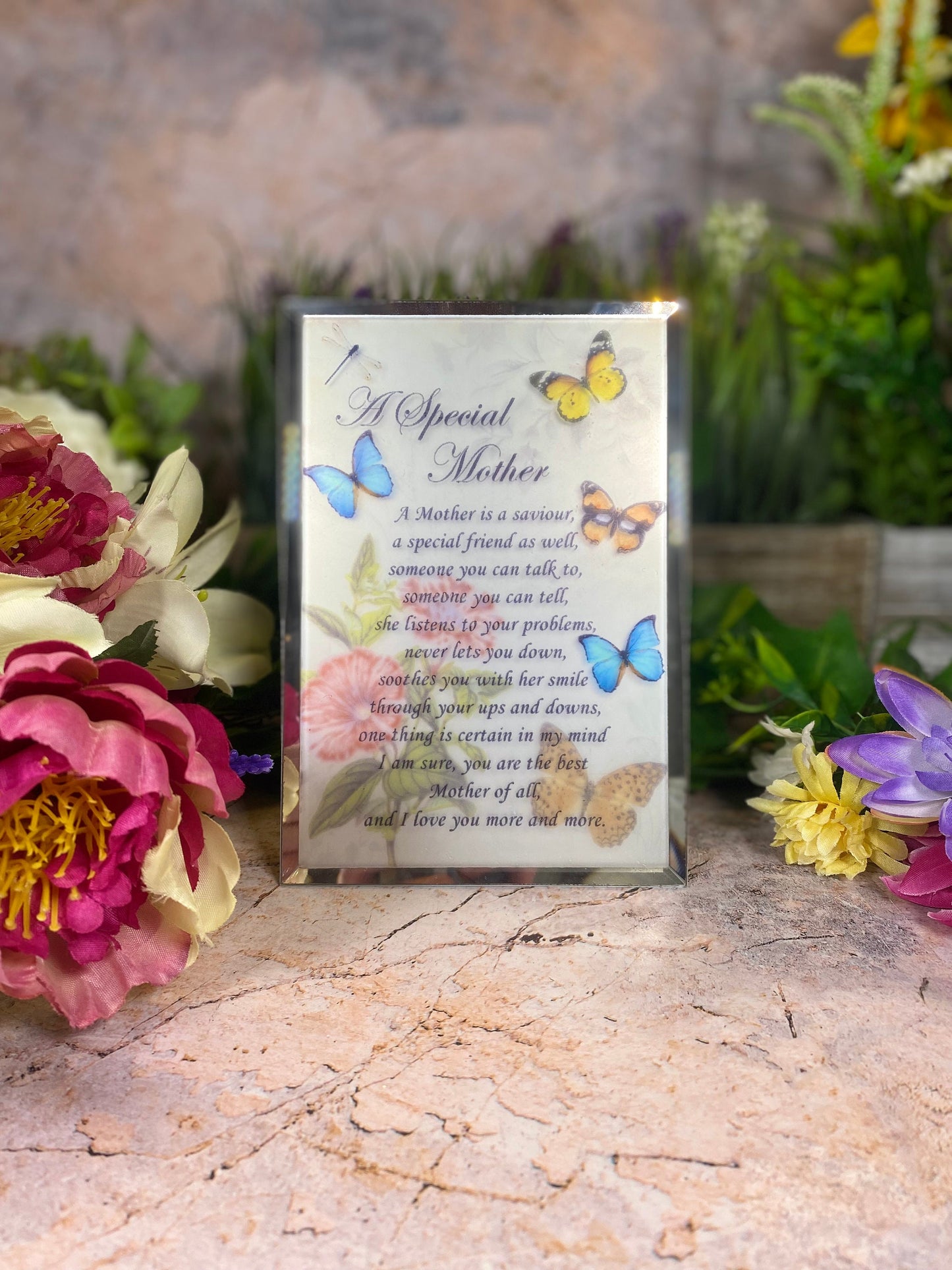 Mother's Love Butterfly Glass Plaque, Sentimental Poem Display, Freestanding Glass Tribute, Heartwarming Gift for Mom, Mother's Day Keepsake-Osiris Craftworks