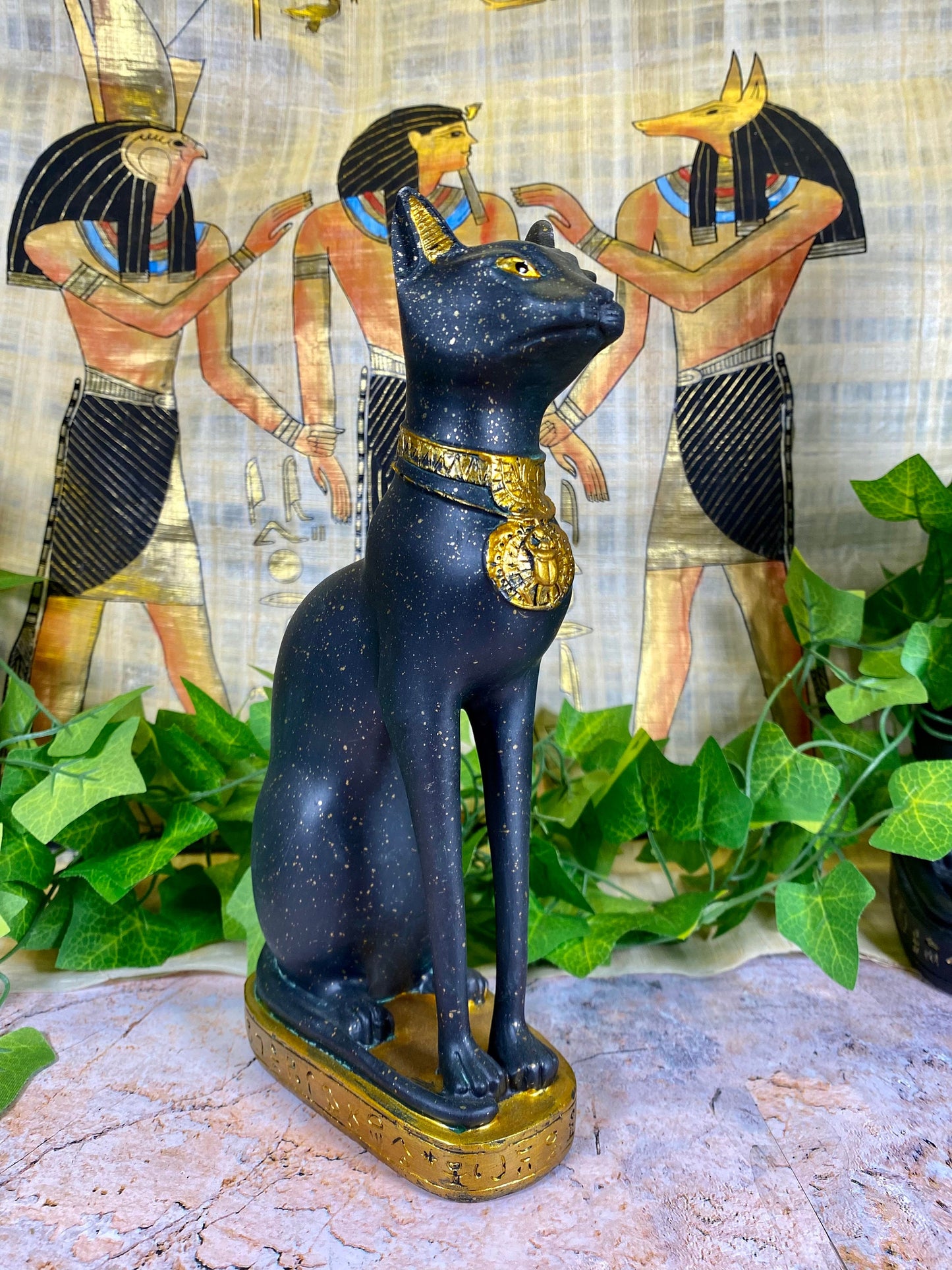 Regal Egyptian Bastet Cat Figurine, Resin Statue with Hieroglyphics, Ancient Egypt Goddess, Protective Home Ornament, Black Gold Bast Decor