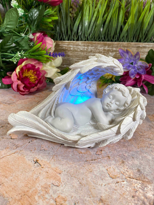 Angelic Resin Figurine with LED Light | Iridescent Angel Wings Décor | Serene Cherub Home & Meditation Space Accent-Osiris Craftworks