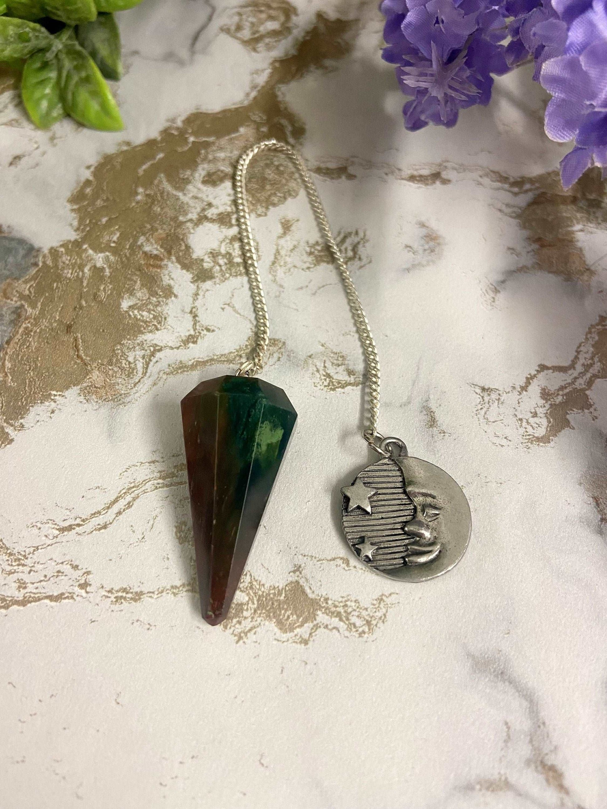 Bloodstone Pendulum with Moon & Star Charm Divination Pendulum | Spiritual Healing Crystal | Energy Guidance Tool | Celestial Jewellery