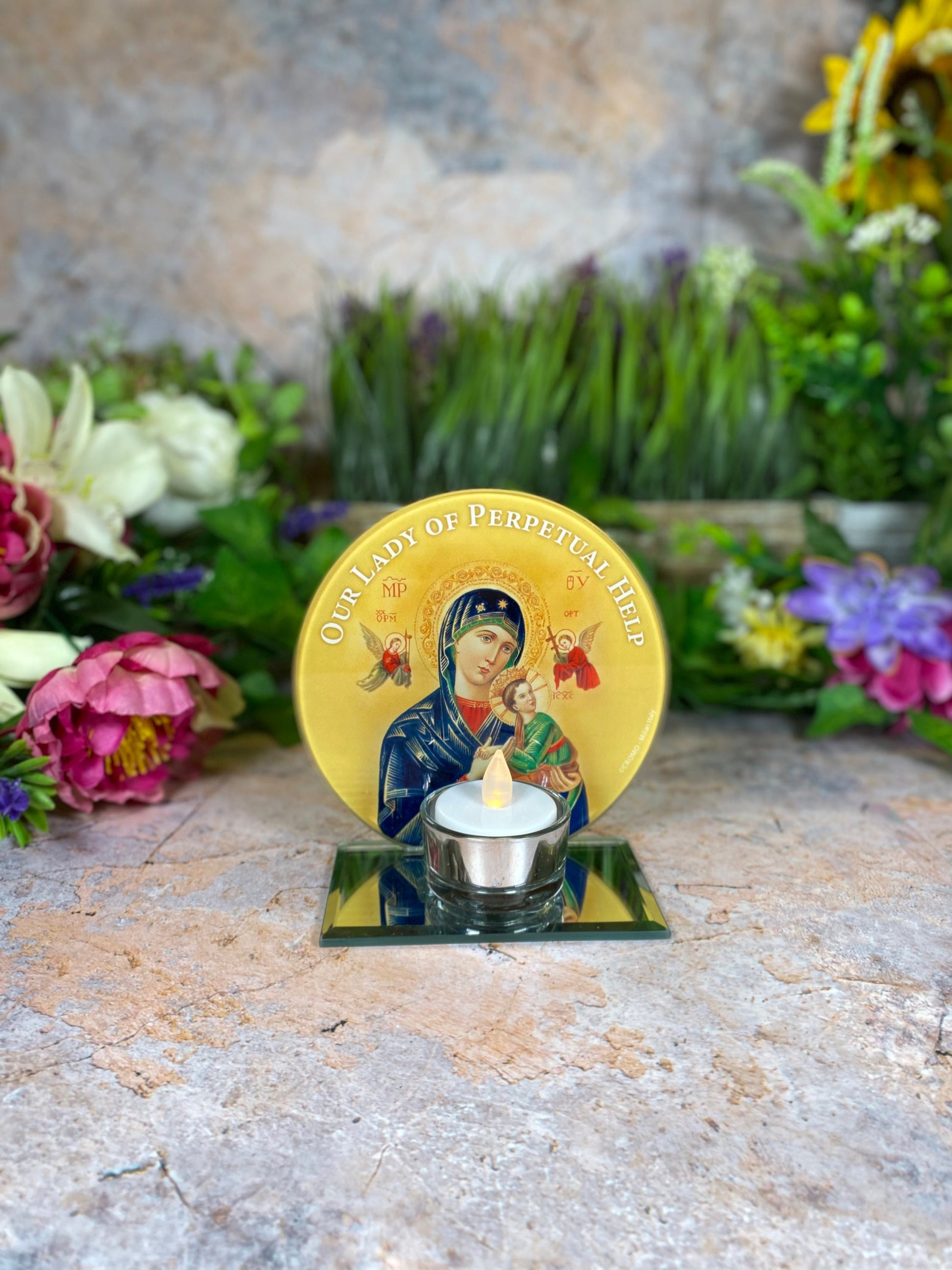 Our Lady of Perpetual Help Glass Candle Holder, Handmade Religious Votive, Christian Iconic Illumination, Spiritual Tabletop Decor-Osiris Craftworks