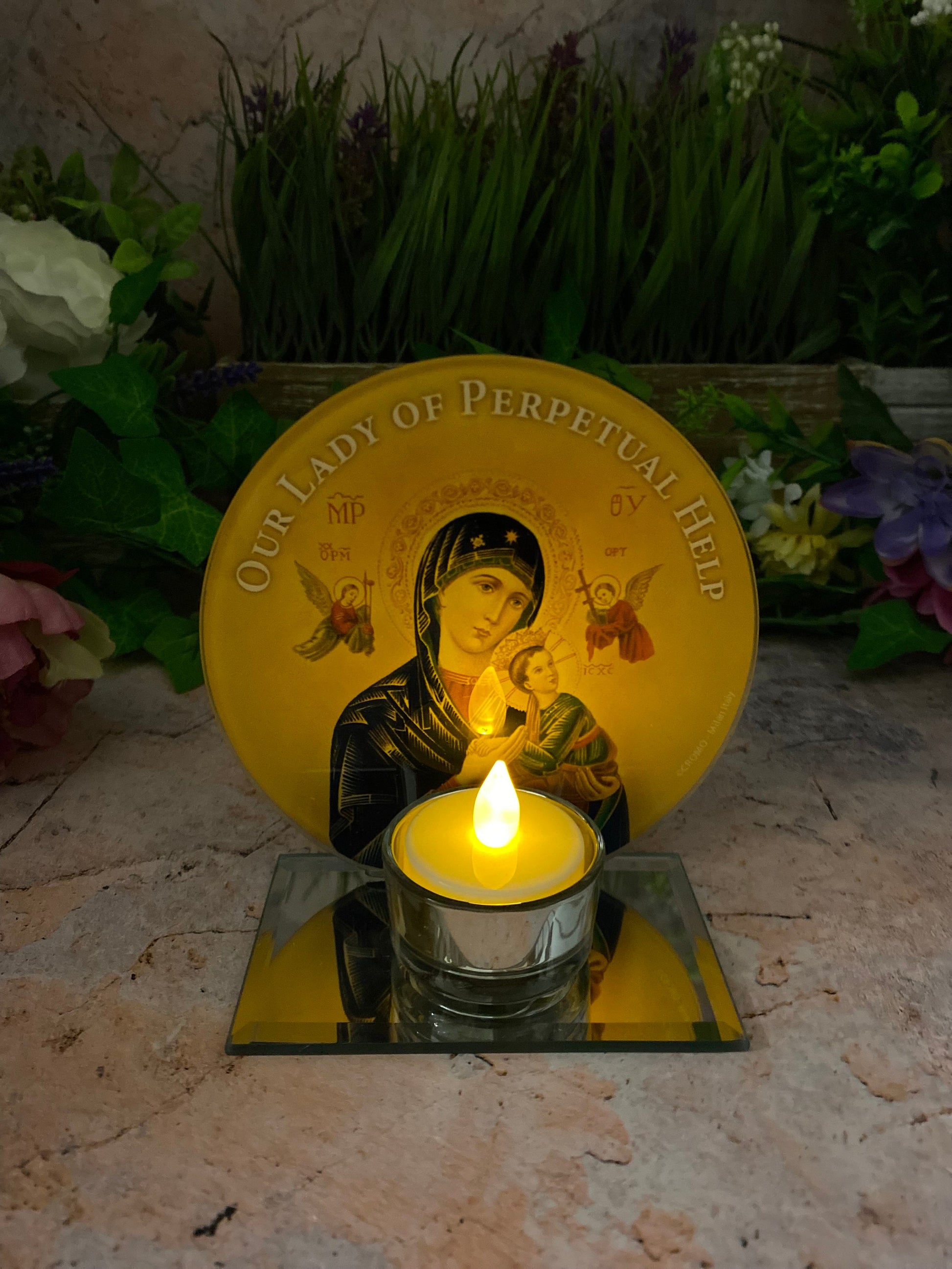 Our Lady of Perpetual Help Glass Candle Holder, Handmade Religious Votive, Christian Iconic Illumination, Spiritual Tabletop Decor-Osiris Craftworks