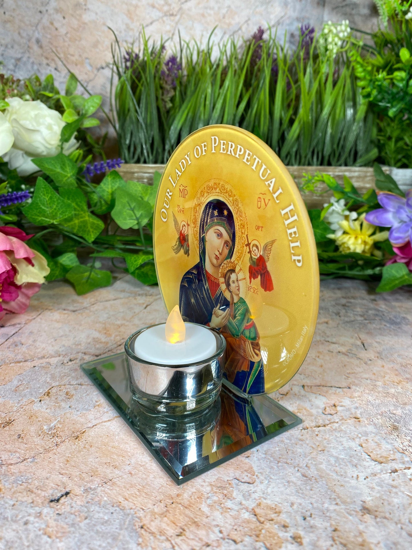 Our Lady of Perpetual Help Glass Candle Holder, Handmade Religious Votive, Christian Iconic Illumination, Spiritual Tabletop Decor-Osiris Craftworks