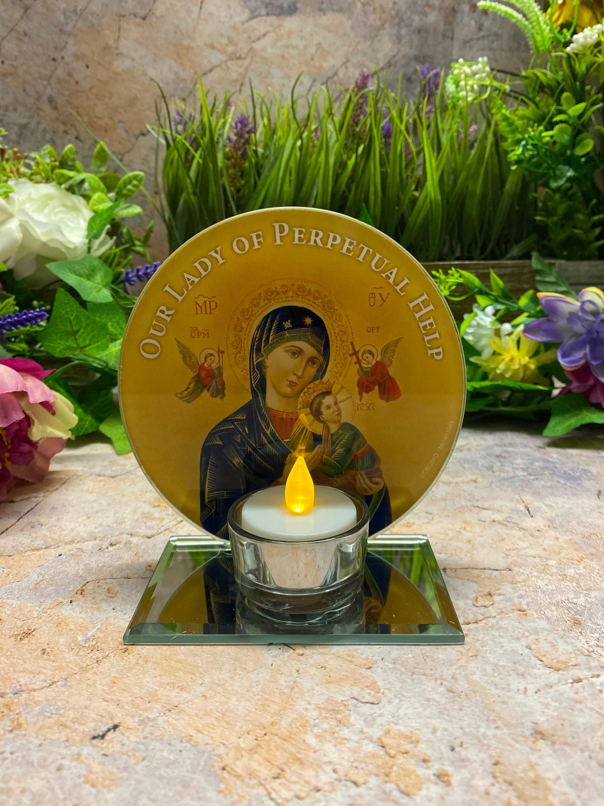 Our Lady of Perpetual Help Glass Candle Holder, Handmade Religious Votive, Christian Iconic Illumination, Spiritual Tabletop Decor-Osiris Craftworks