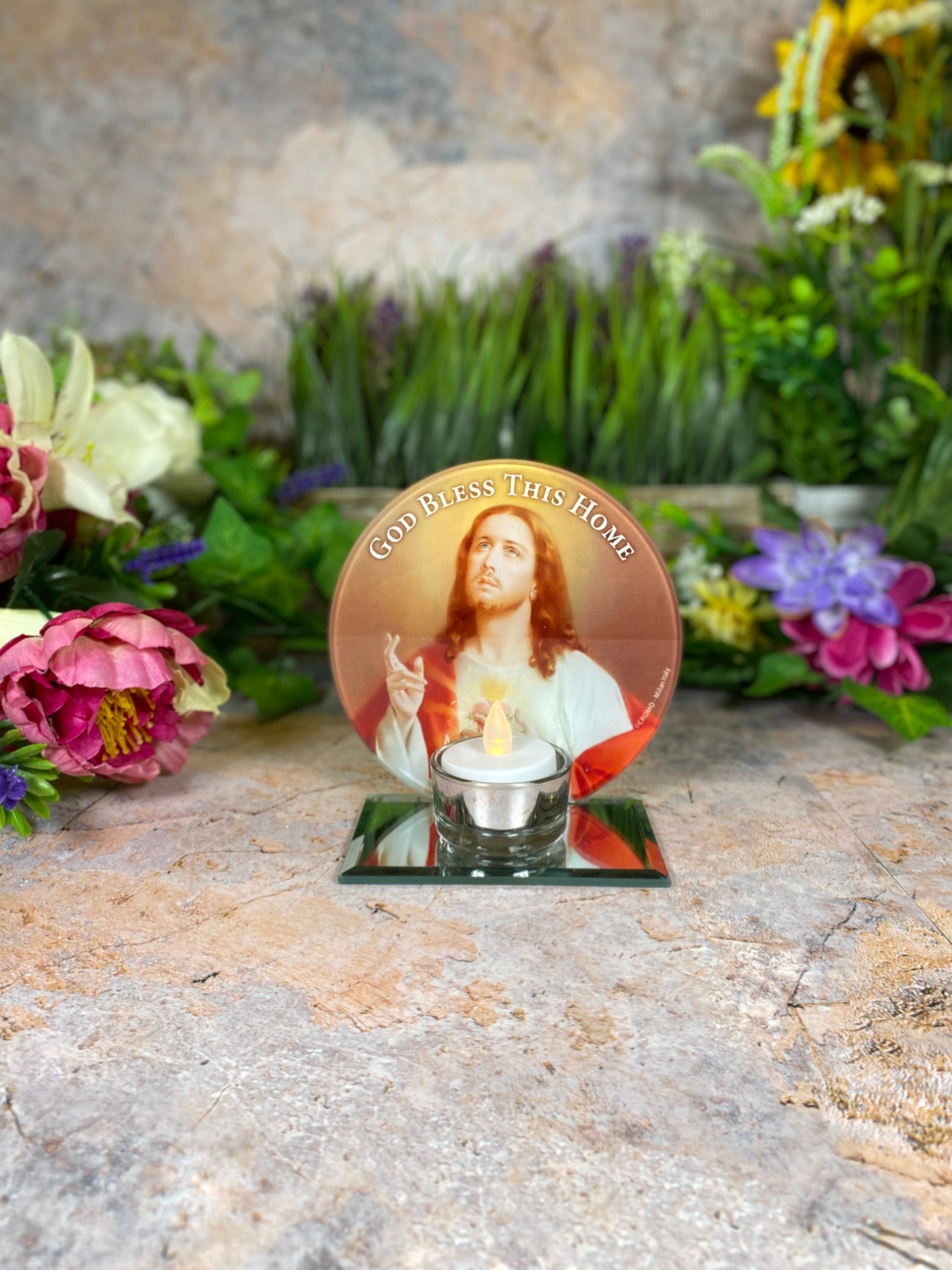 Sacred 'God Bless This Home' Glass Candle Holder, Handcrafted Christian Decor, Jesus Christ Illumination Art, Religious Votive Accessory-Osiris Craftworks