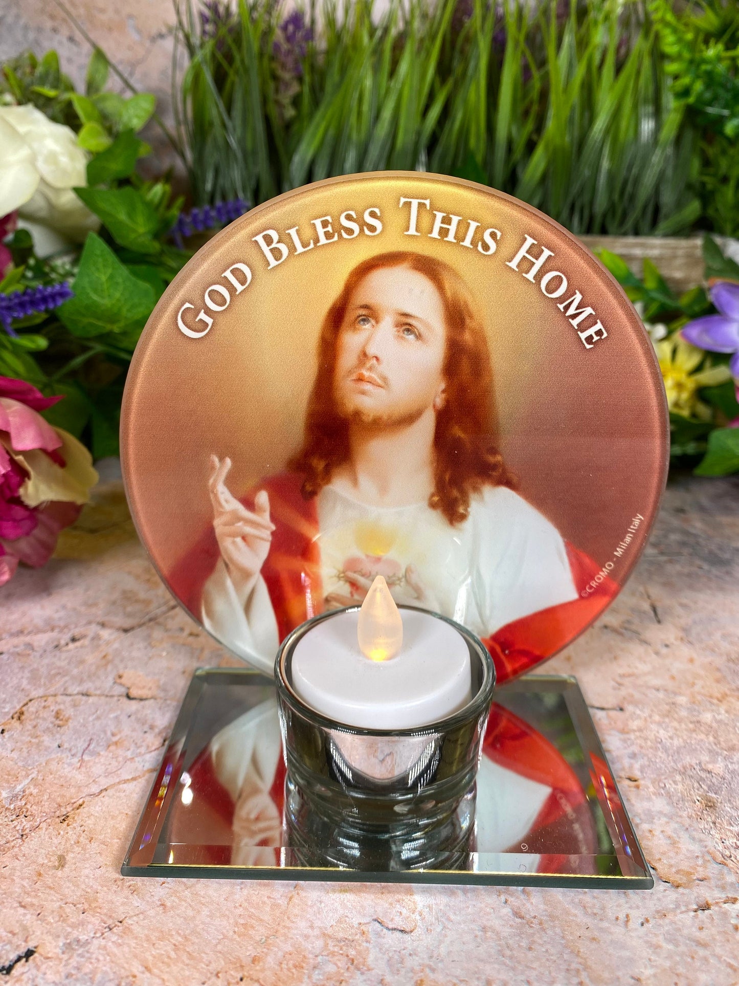 Sacred 'God Bless This Home' Glass Candle Holder, Handcrafted Christian Decor, Jesus Christ Illumination Art, Religious Votive Accessory-Osiris Craftworks