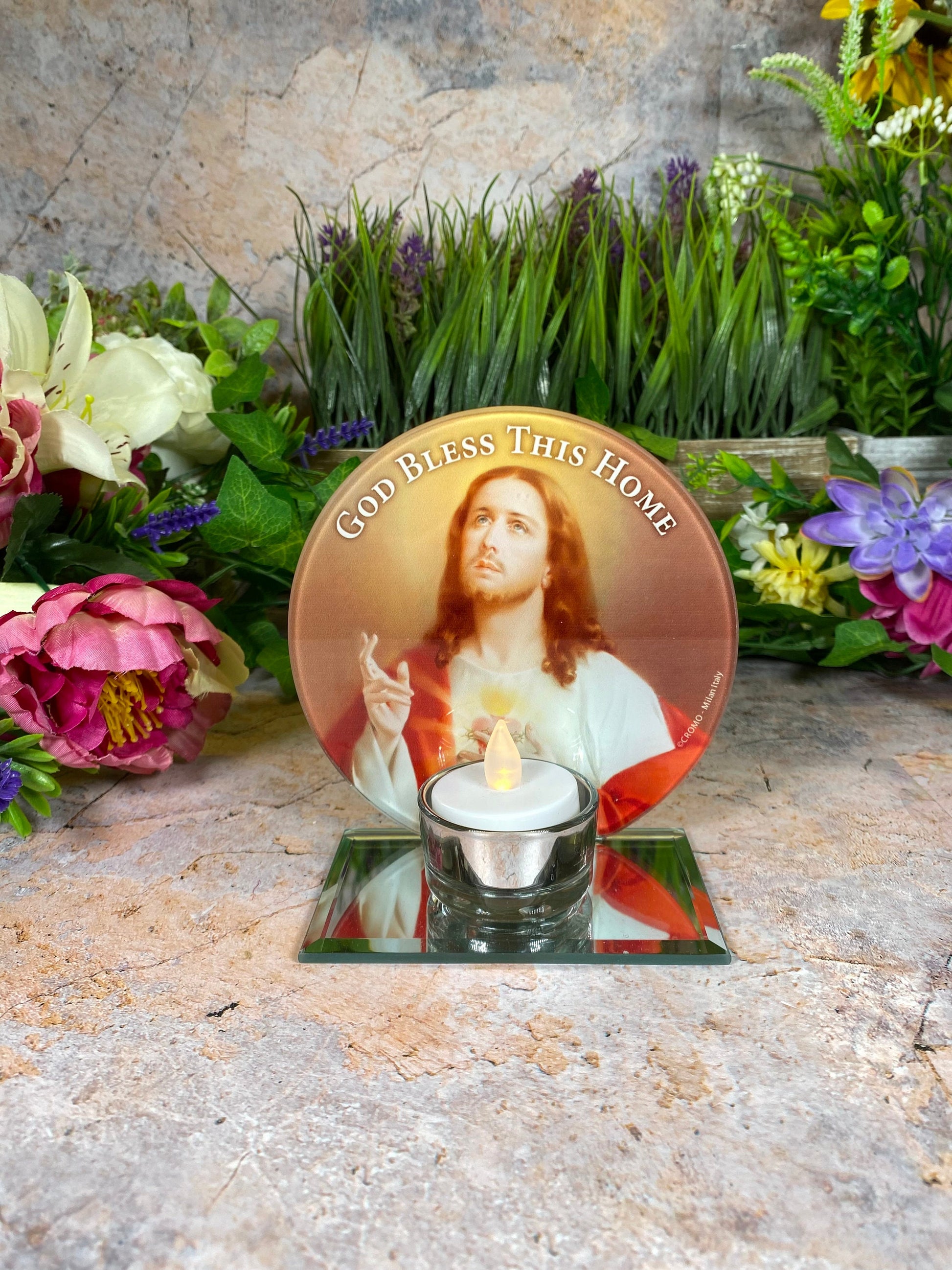 Sacred 'God Bless This Home' Glass Candle Holder, Handcrafted Christian Decor, Jesus Christ Illumination Art, Religious Votive Accessory-Osiris Craftworks