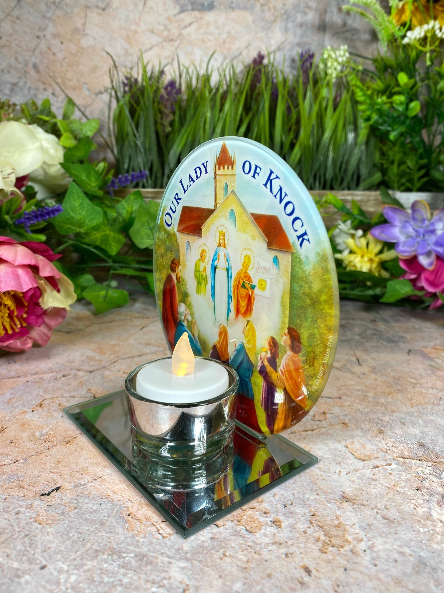 Irish 'Our Lady of Knock' Glass Votive Light Holder, Handmade Marian Devotional Candle, Spiritual Irish Shrine Decor, Religious Table Accent