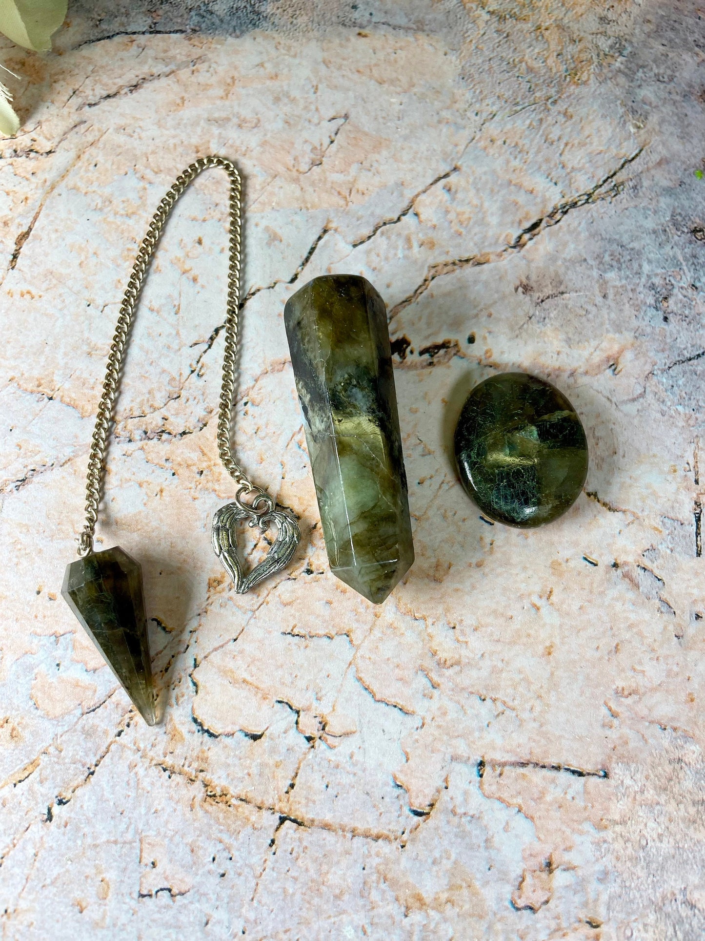 Labradorite Set of 3~ Pendulum with Heart, Thumb Stone and  Crystal Wand - Mystical Energy & Spiritual Connection Kit