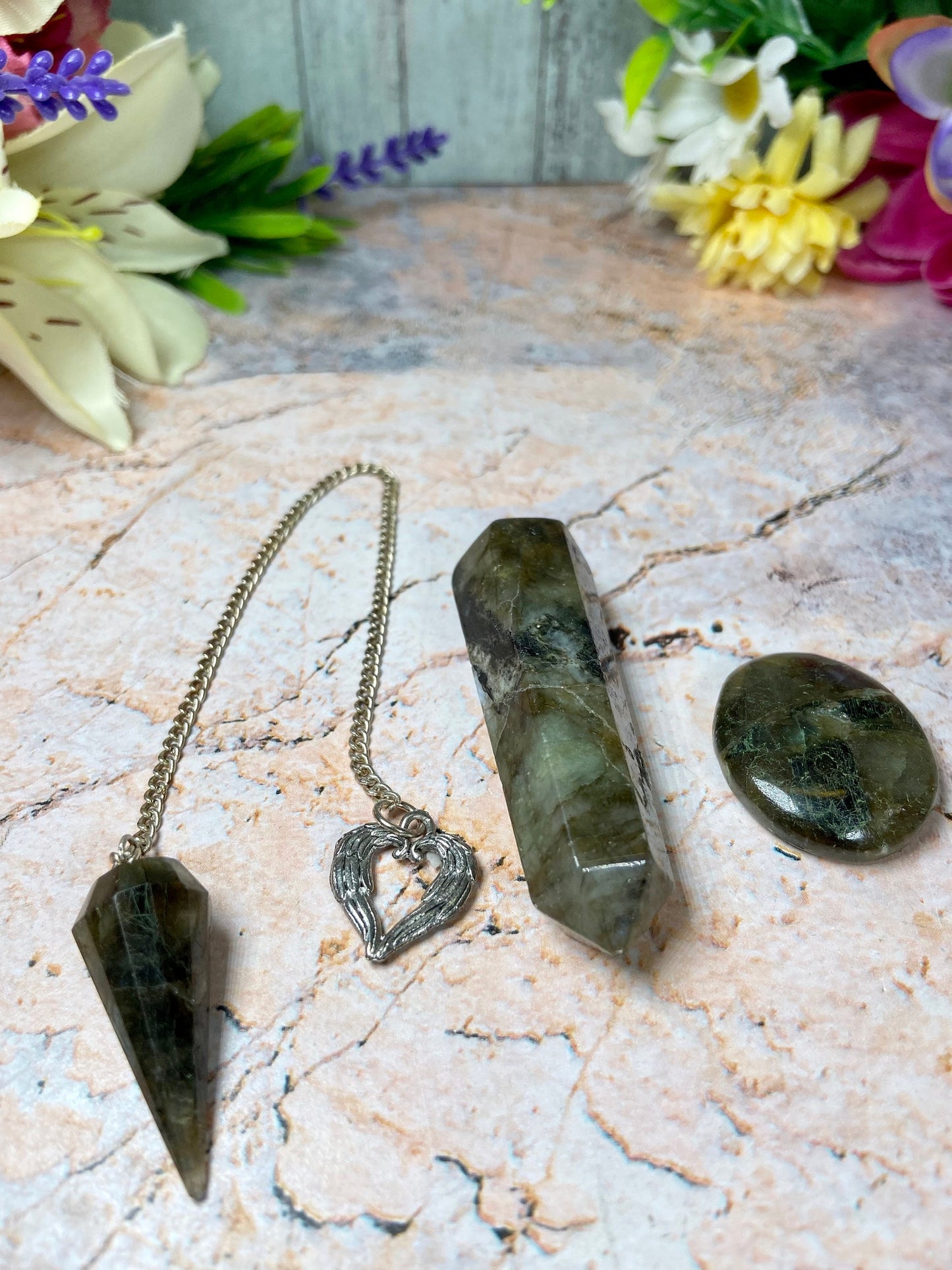 Labradorite Set of 3~ Pendulum with Heart, Thumb Stone and  Crystal Wand - Mystical Energy & Spiritual Connection Kit