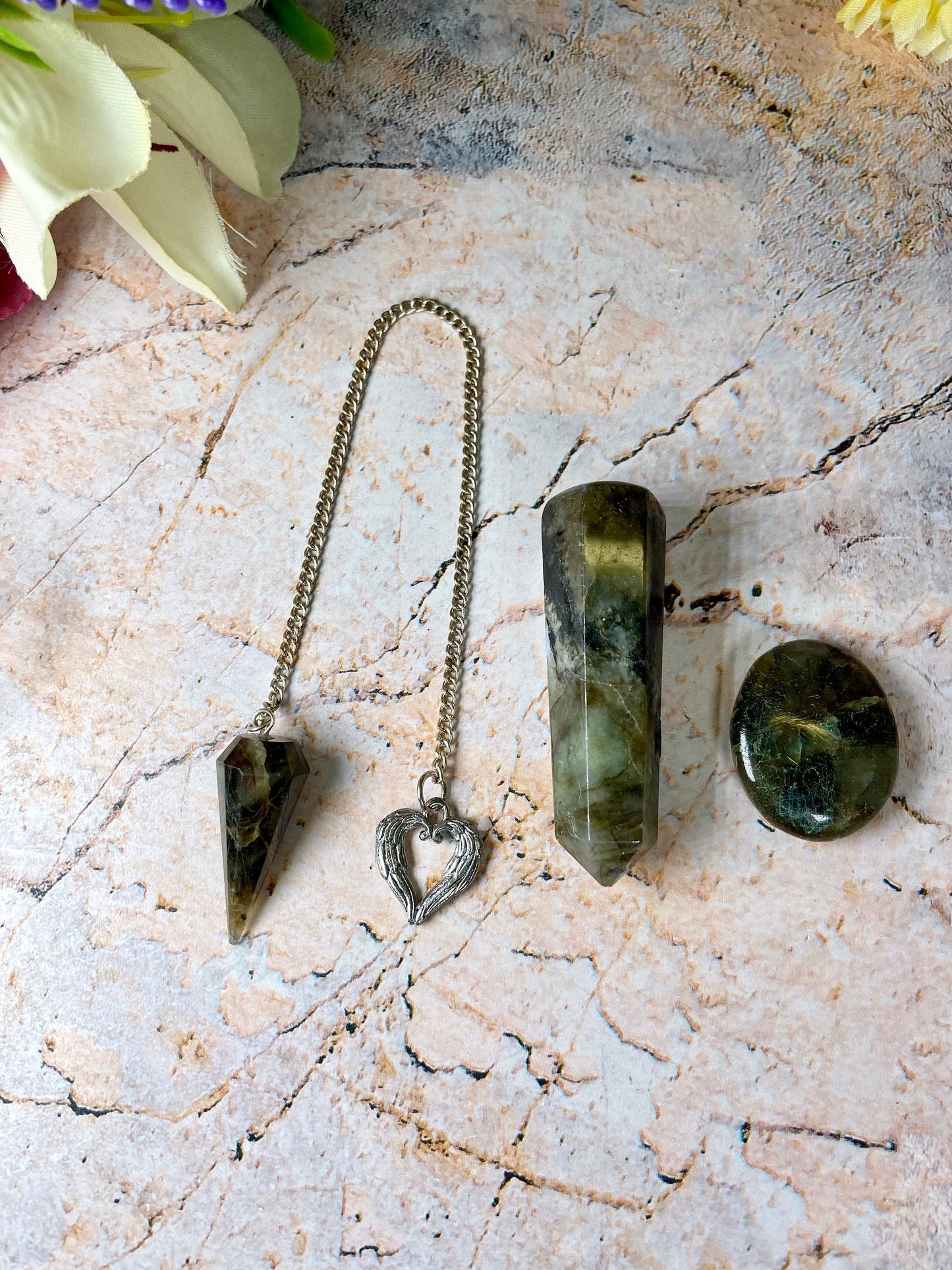 Labradorite Set of 3~ Pendulum with Heart, Thumb Stone and  Crystal Wand - Mystical Energy & Spiritual Connection Kit